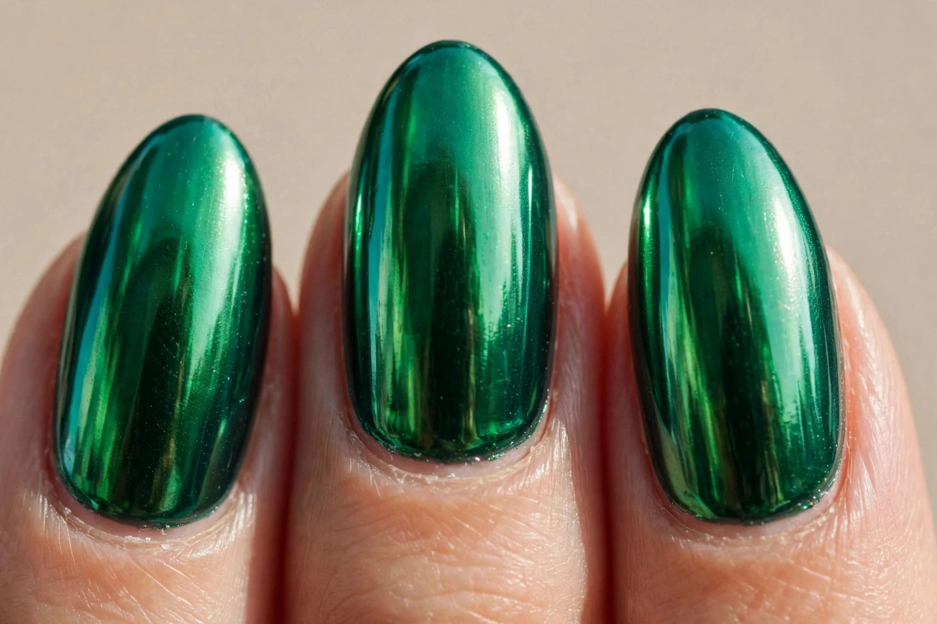 Emerald chrome mirror finish, almond nails.