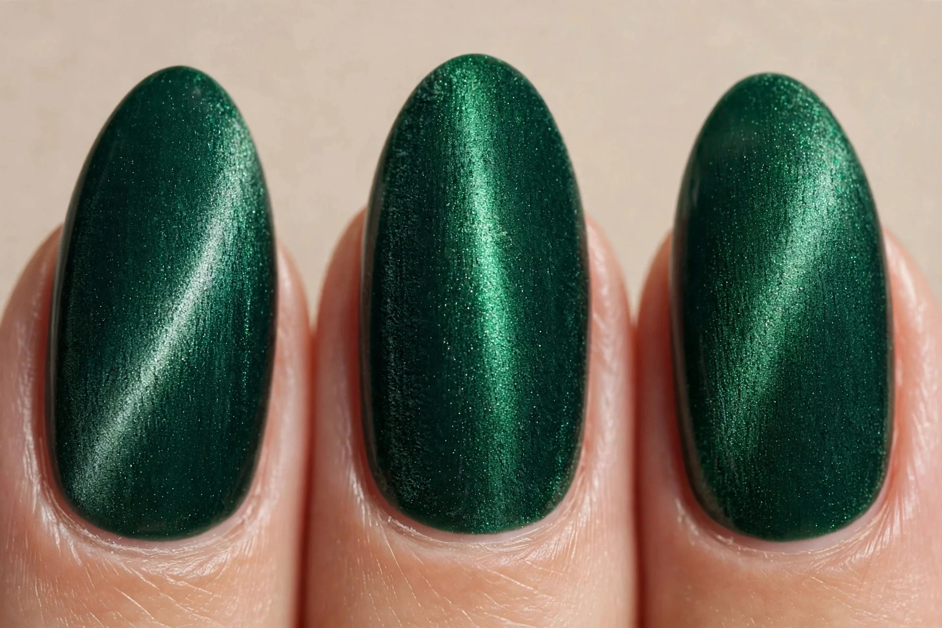 Emerald velvet magnetic texture, almond nails.