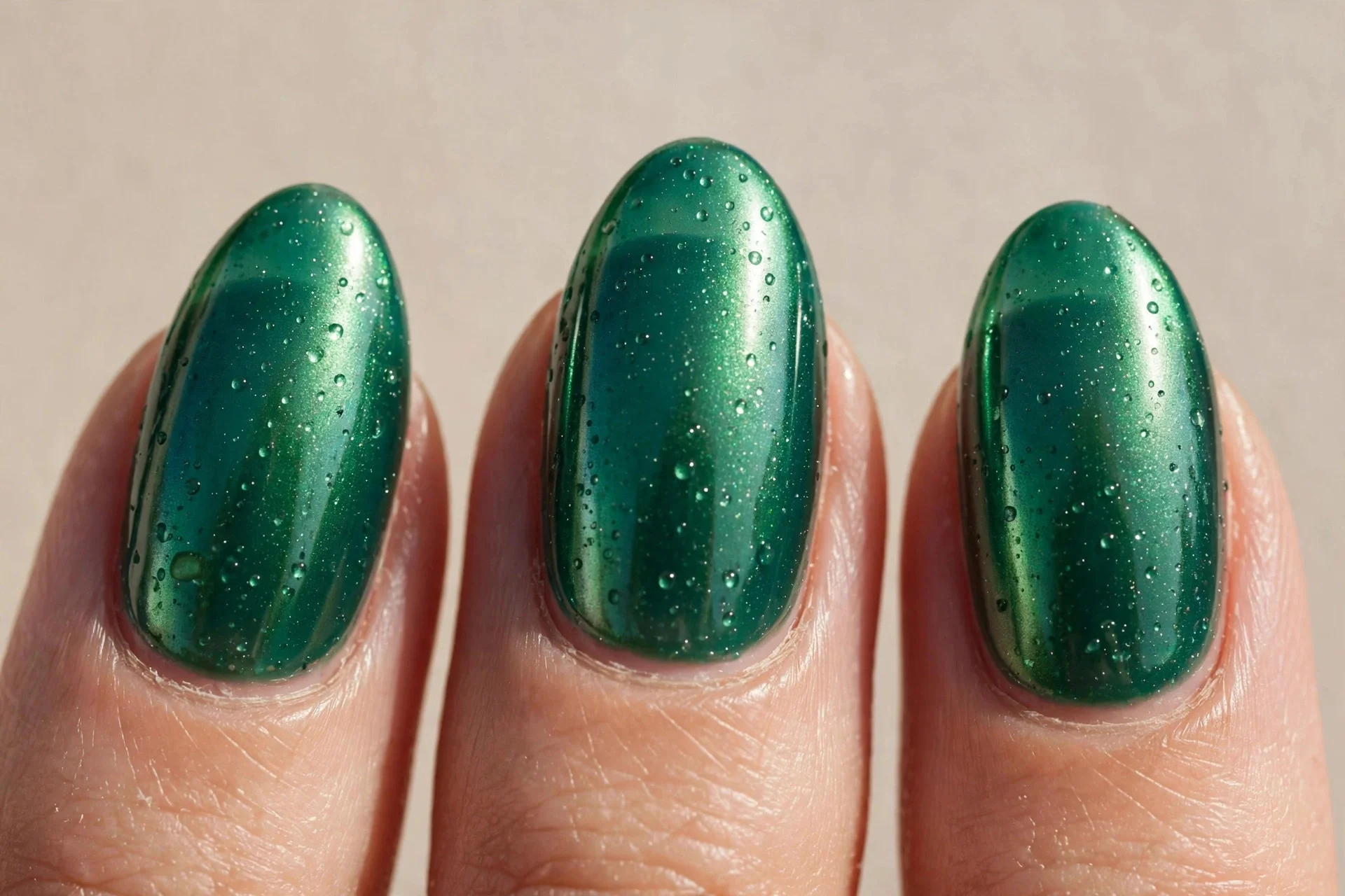 Glazed emerald, dewy chrome glow, almond.