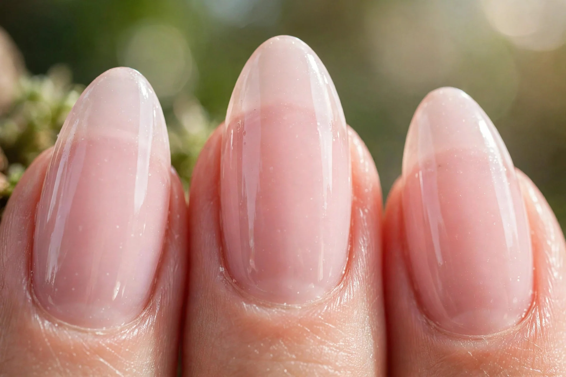 Short almond nails in sheer baby pink gel, glossy