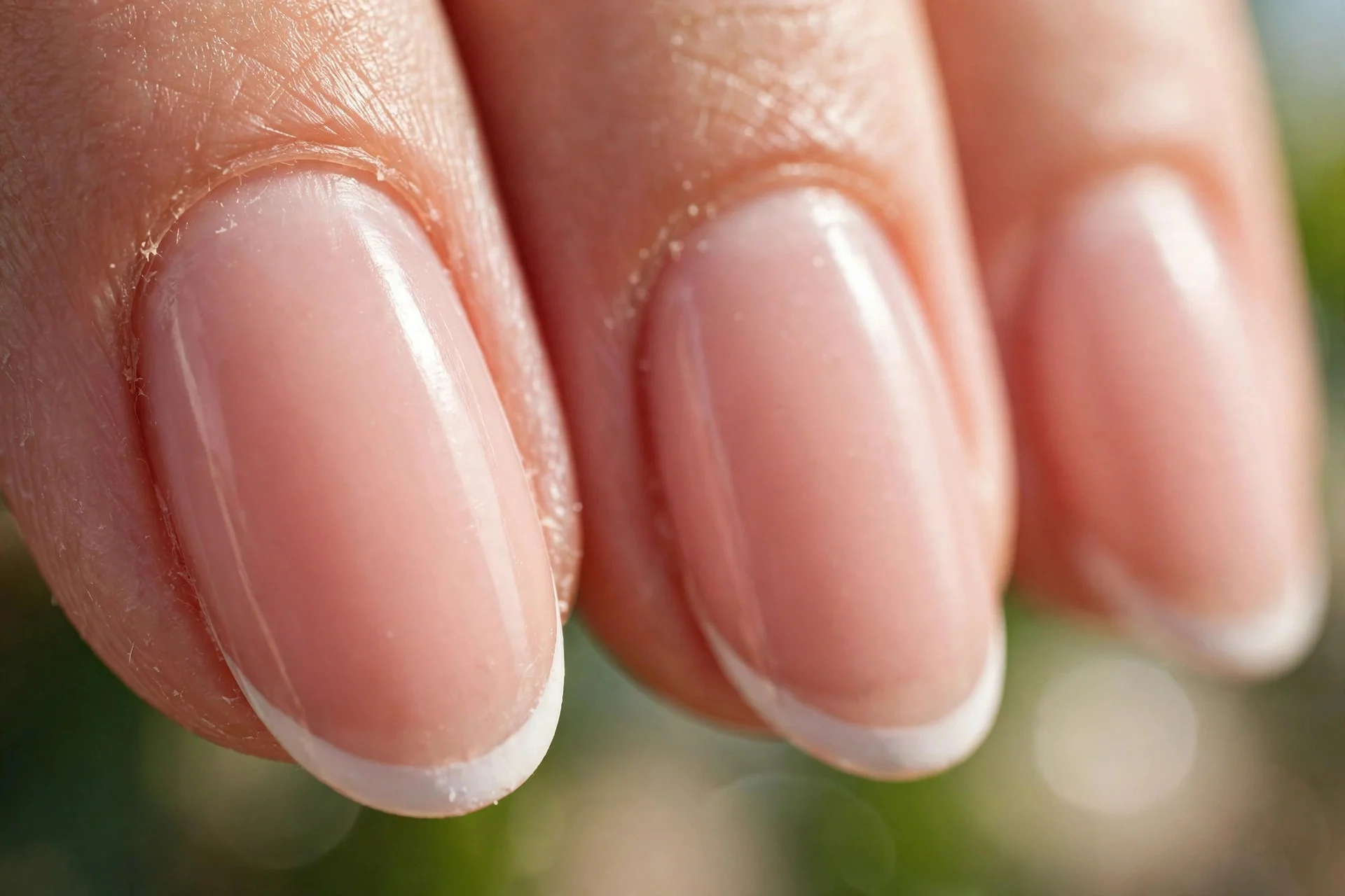 Medium almond nails, nude pink base, thin white French tips