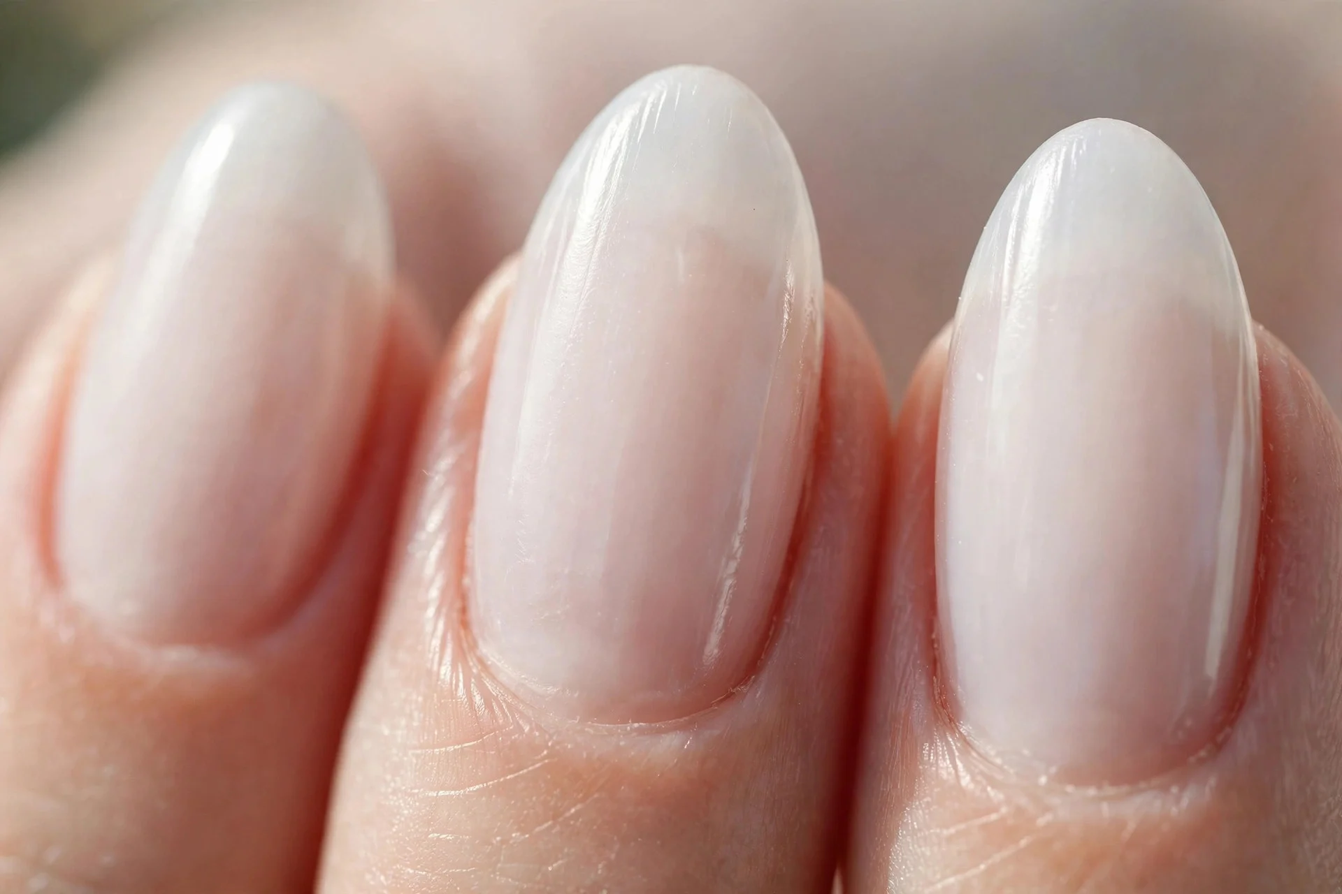 Almond nails in semi-sheer milky white, soft glow