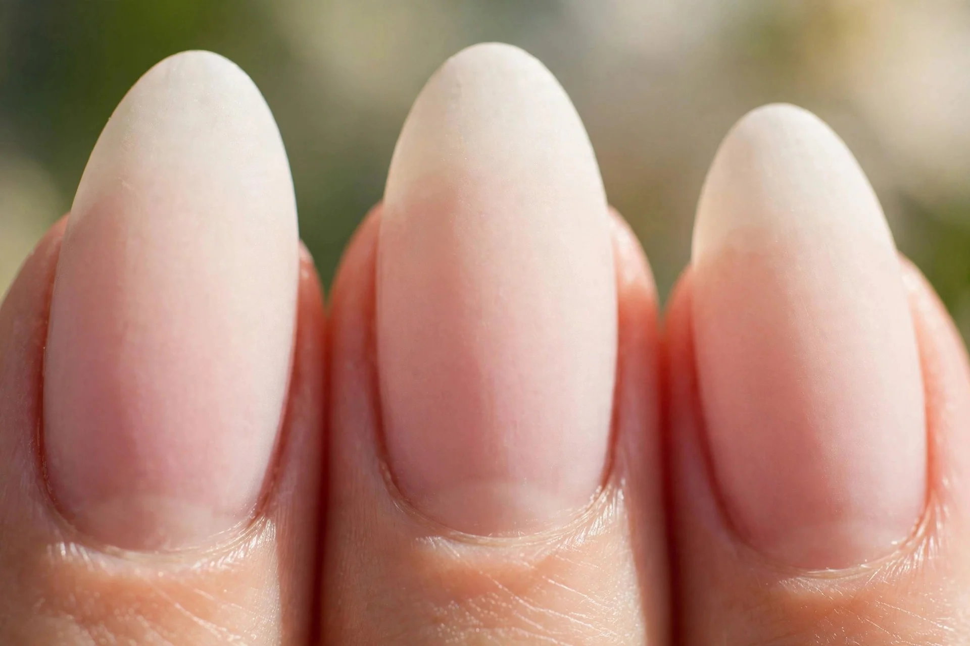 Almond nails, blush pink to pale ivory ombr&eacute; gradient