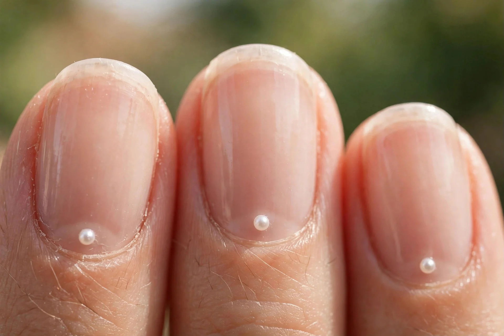 Sheer nude nails, one tiny white pearl on each ring finger