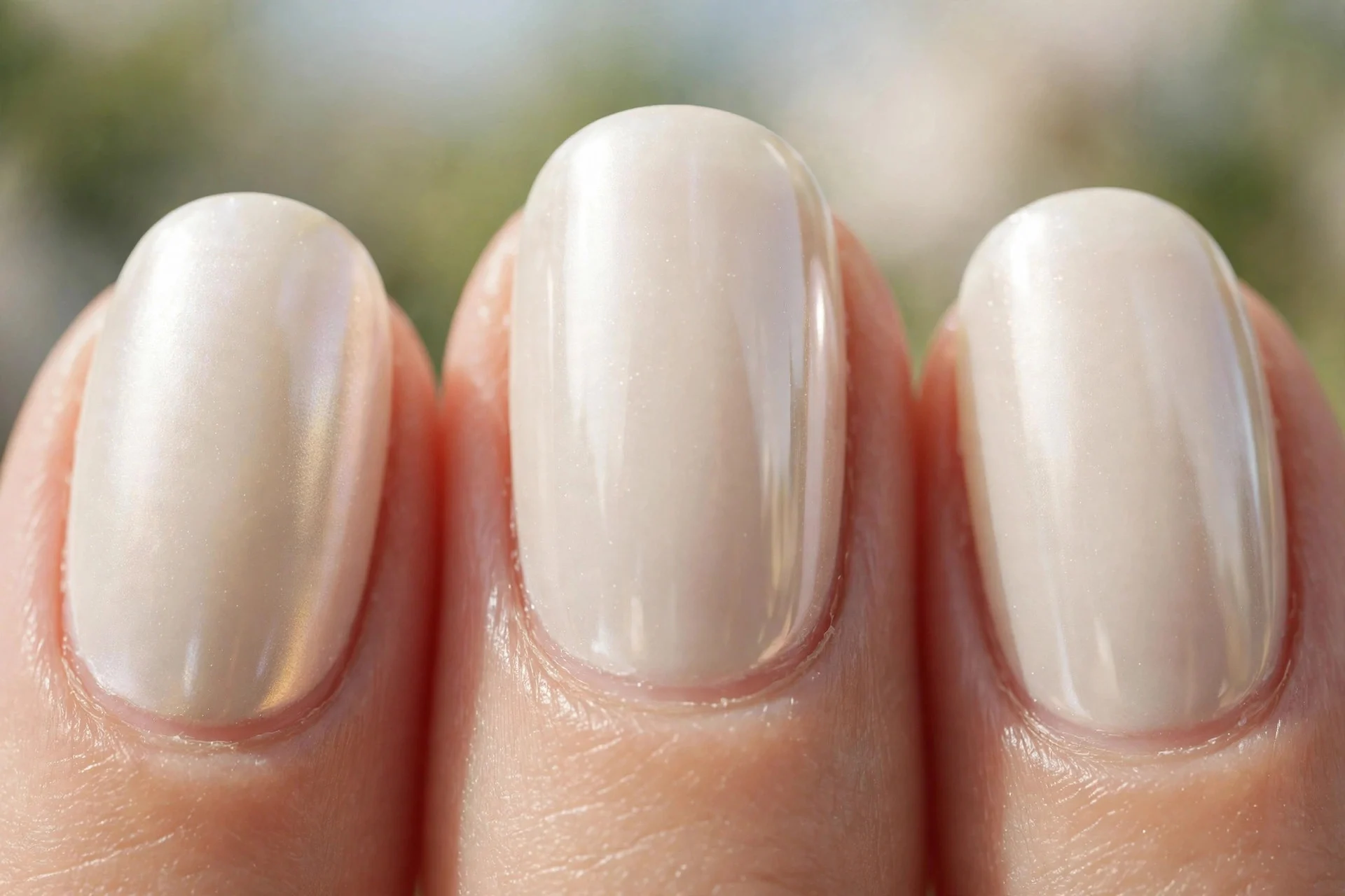 Short almond nails in ivory with glazed pearl chrome shine
