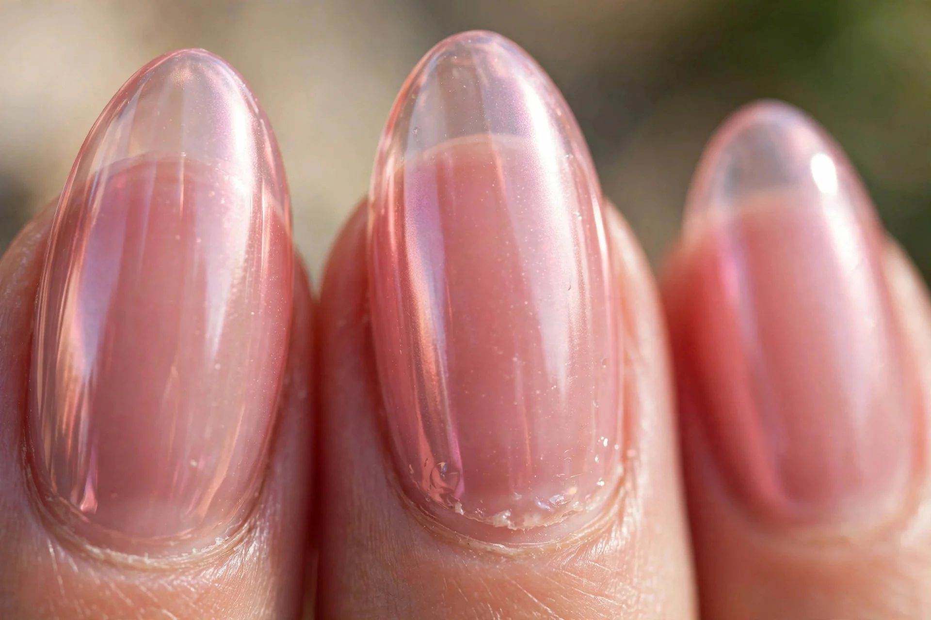 Almond nails in translucent jelly pink with chrome glow