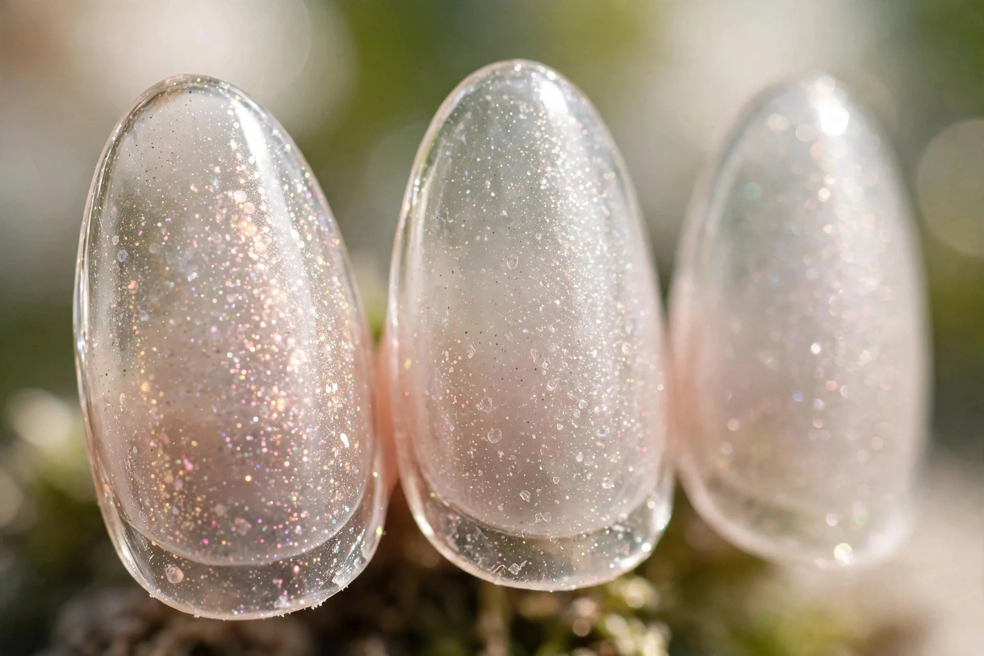 Almond nails with translucent glass-like finish, fine shimmer