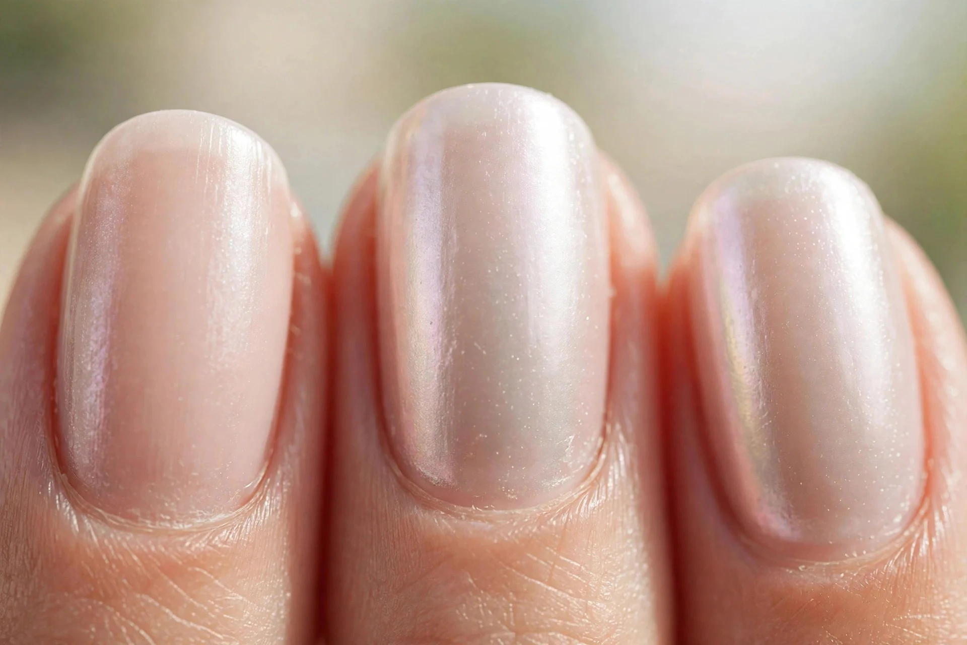 Nude nails with a soft pearl chrome sheen