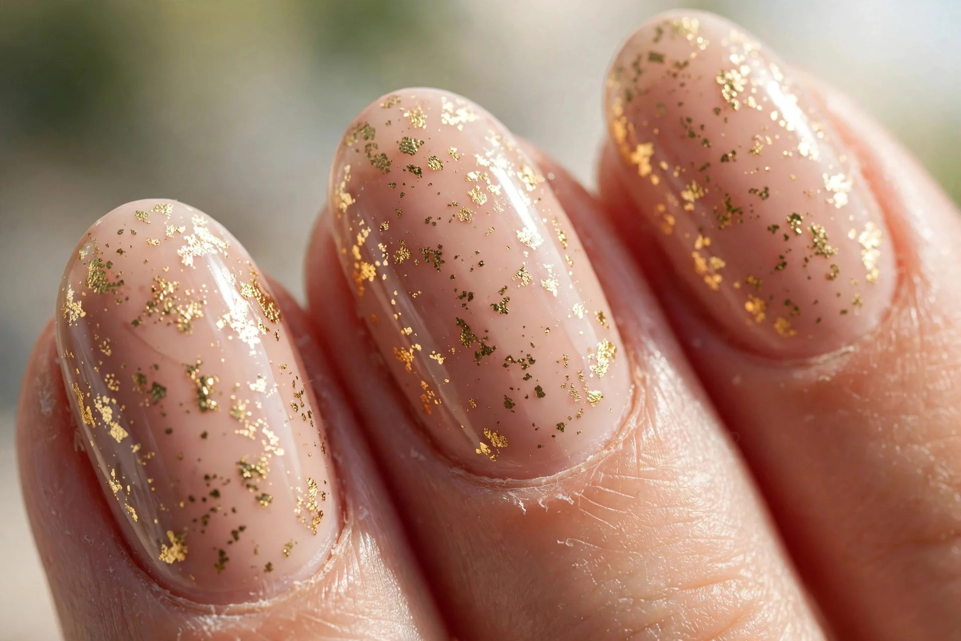 Oval nails in nude polish with scattered gold foil flakes