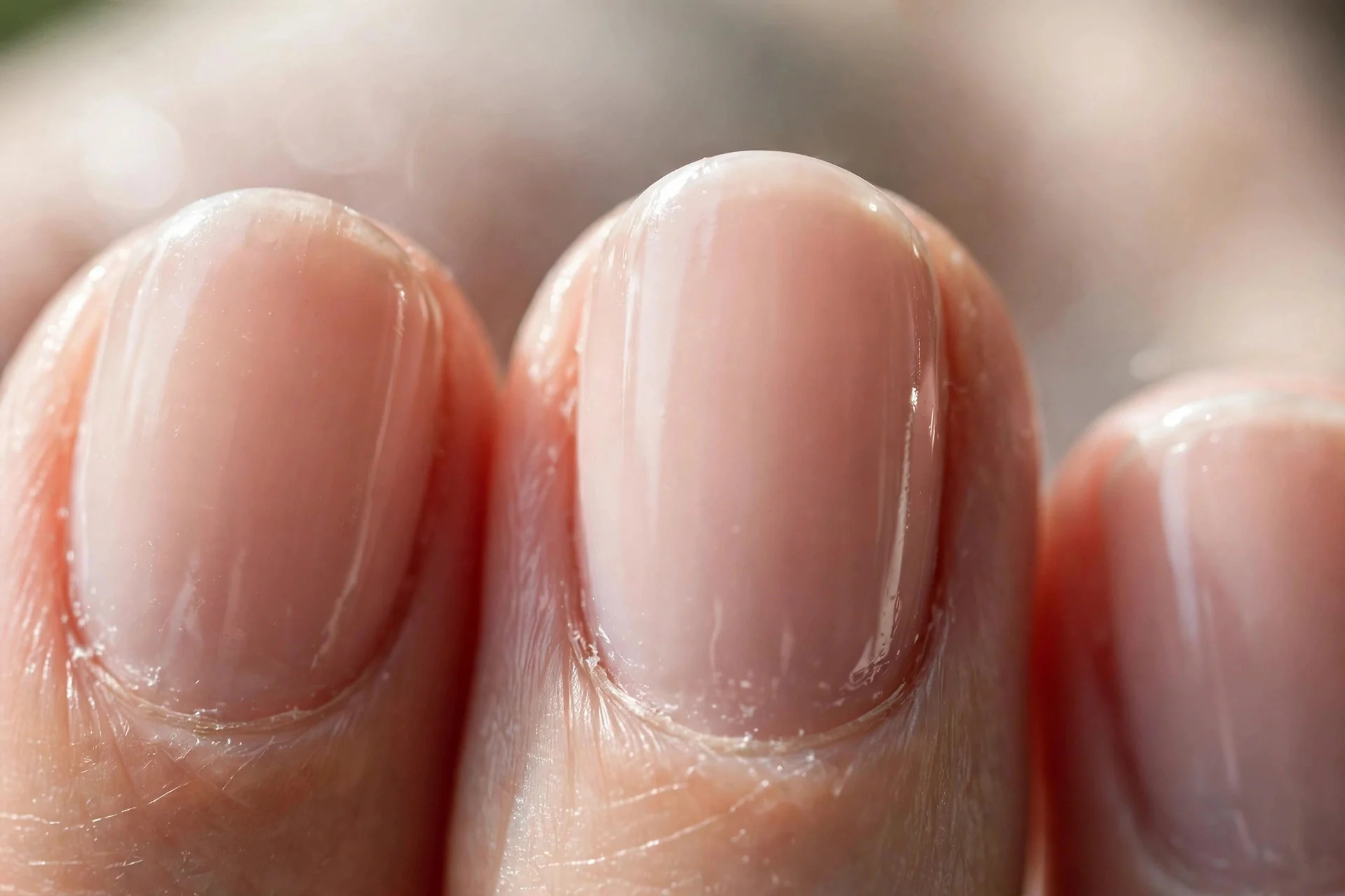 Short oval nails in sheer nude polish, glossy finish