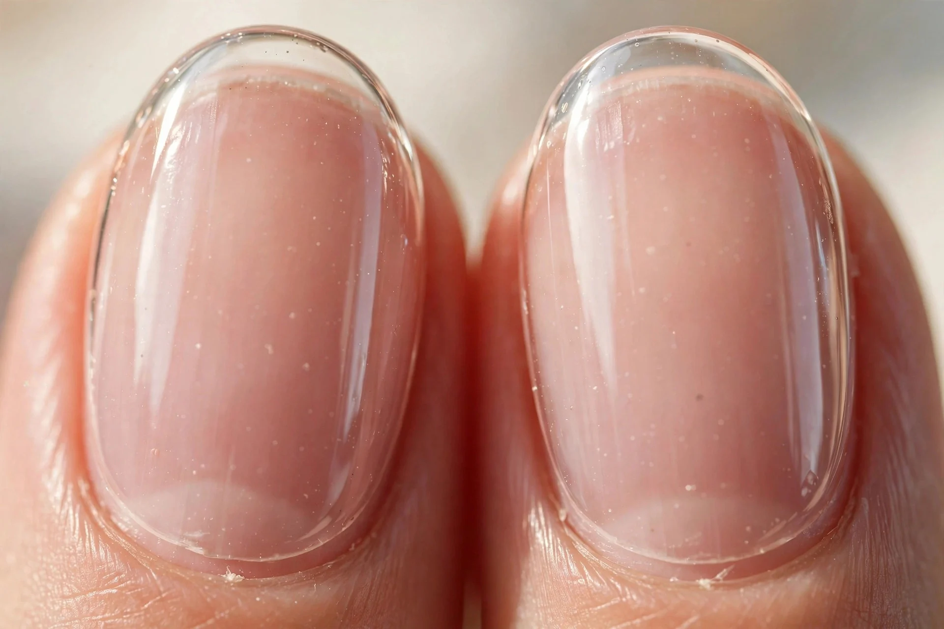 Natural oval nails with clear builder gel overlay, glossy