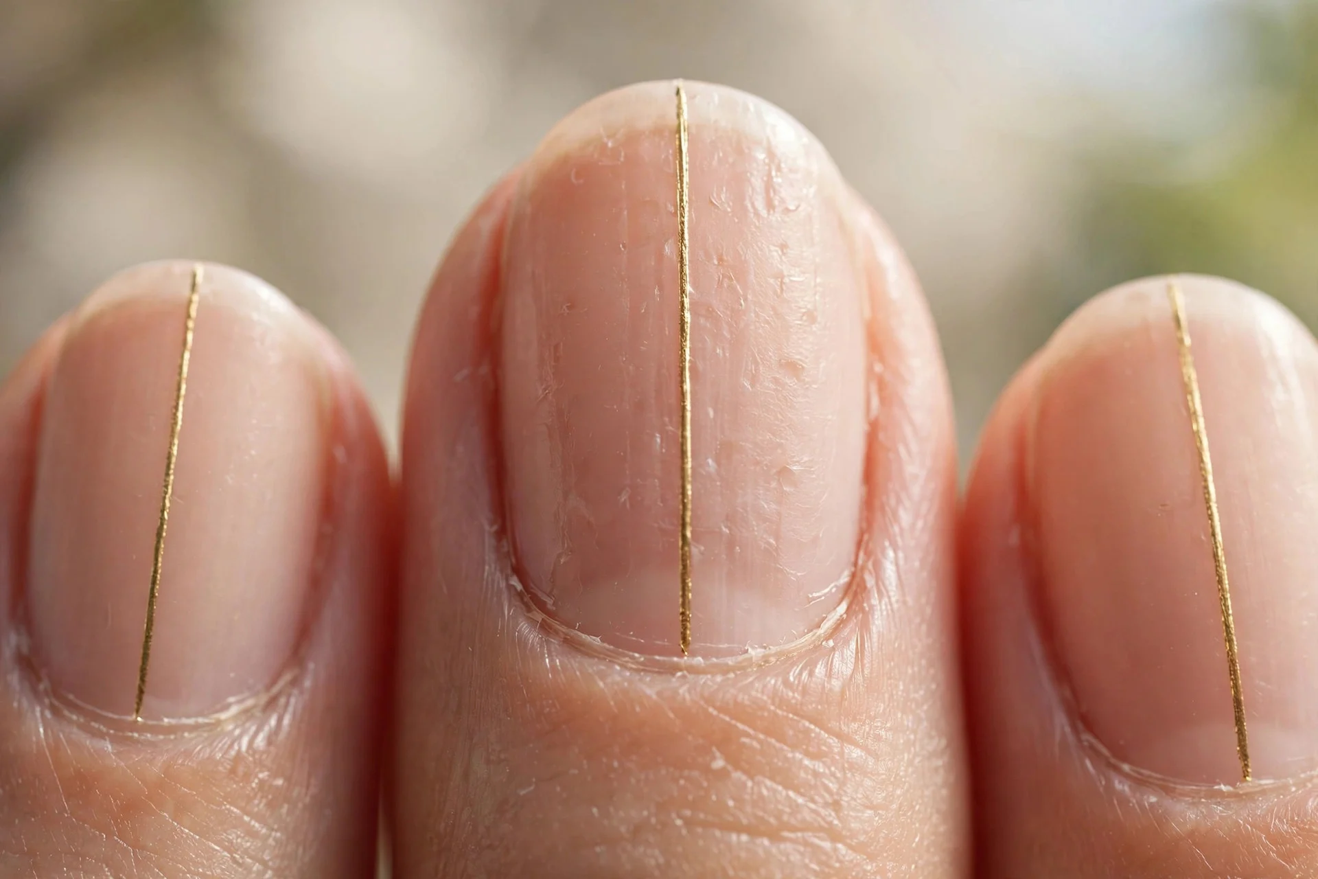 Nude nails with single thin gold line down the centre