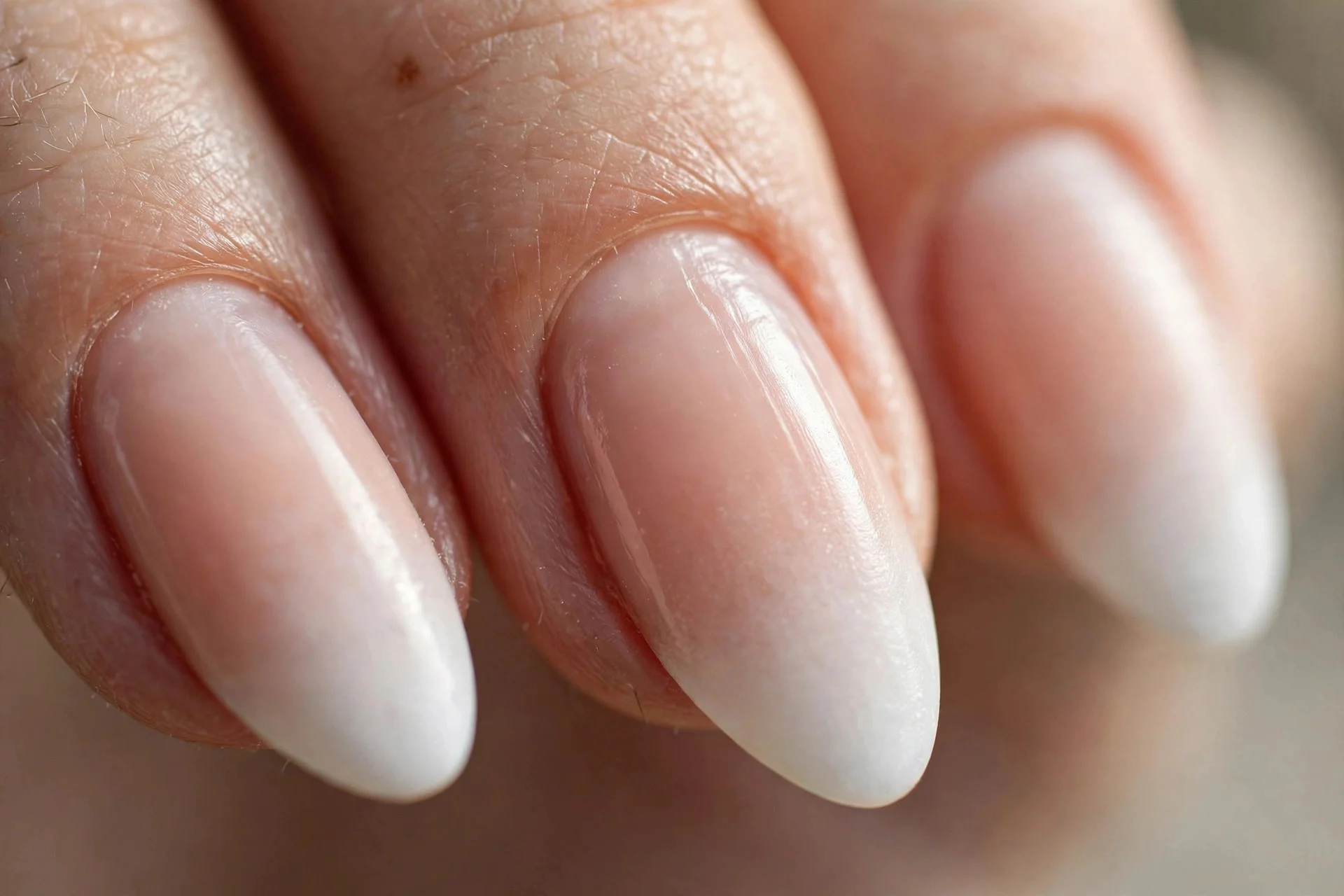 Almond nails, nude to soft white baby boomer fade