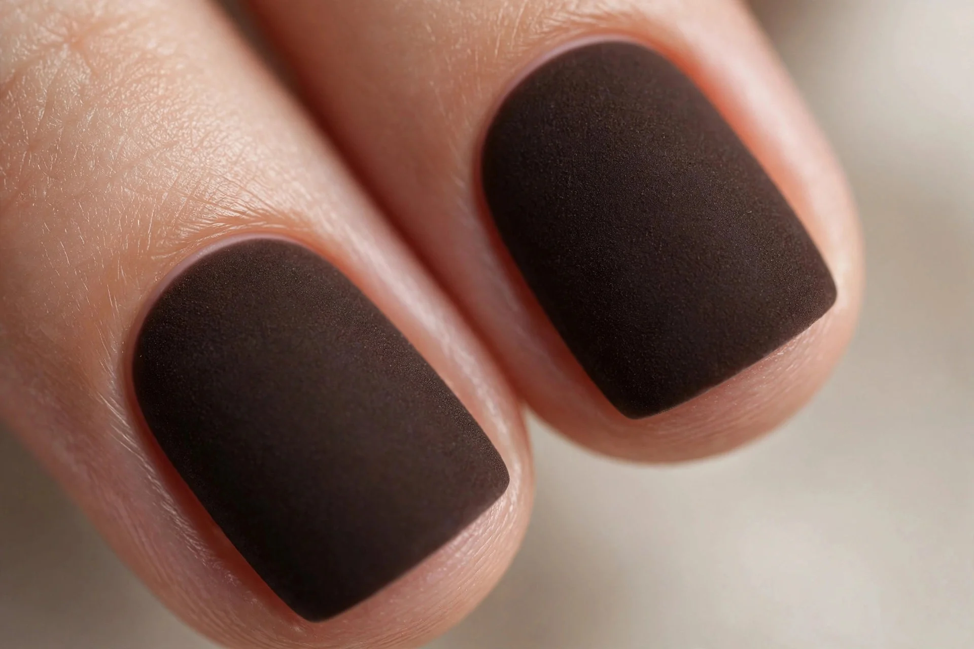 Short squoval nails in solid matte espresso, velvety finish, neutral background