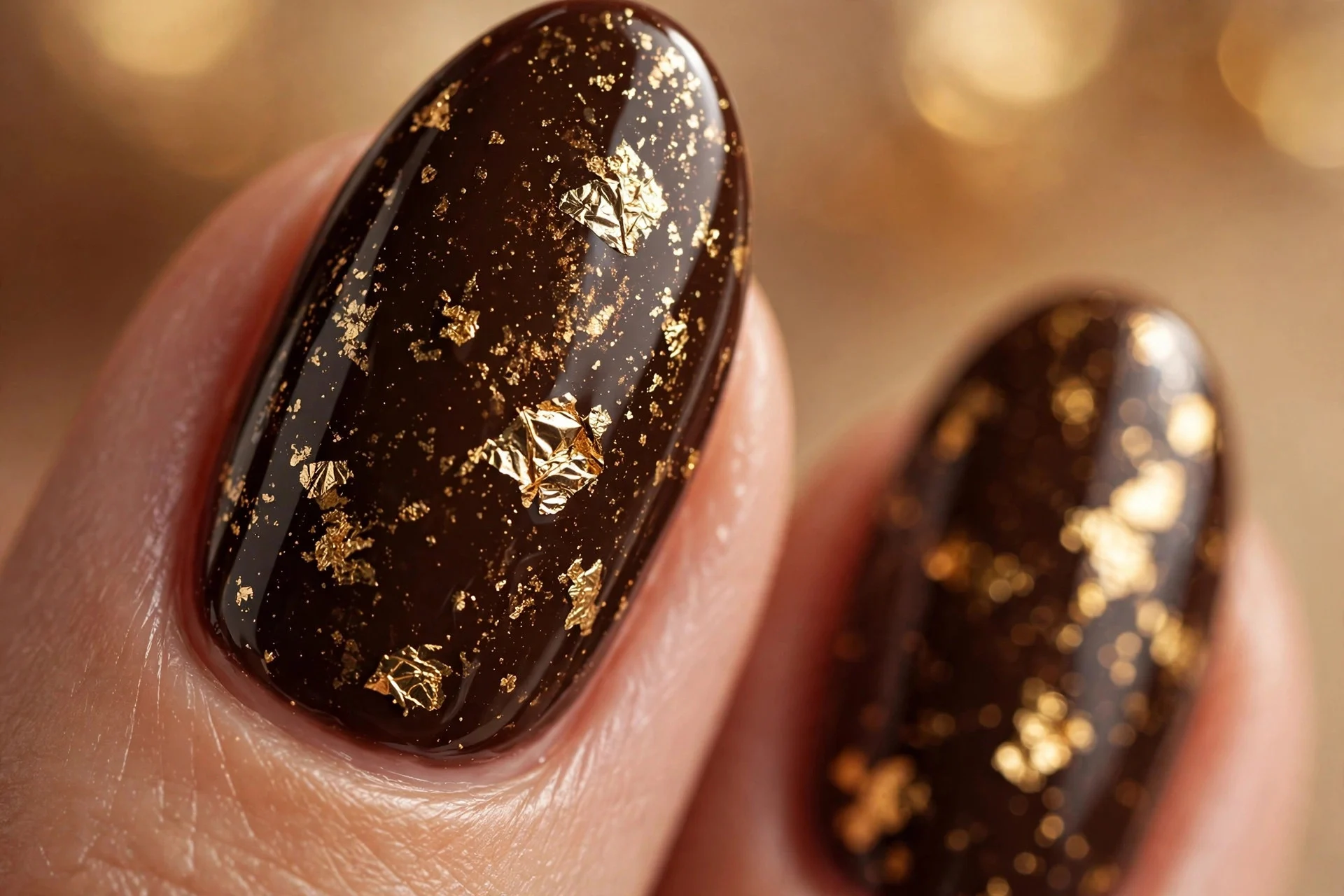 Almond nails in deep espresso with gold foil flakes, glossy, warm background