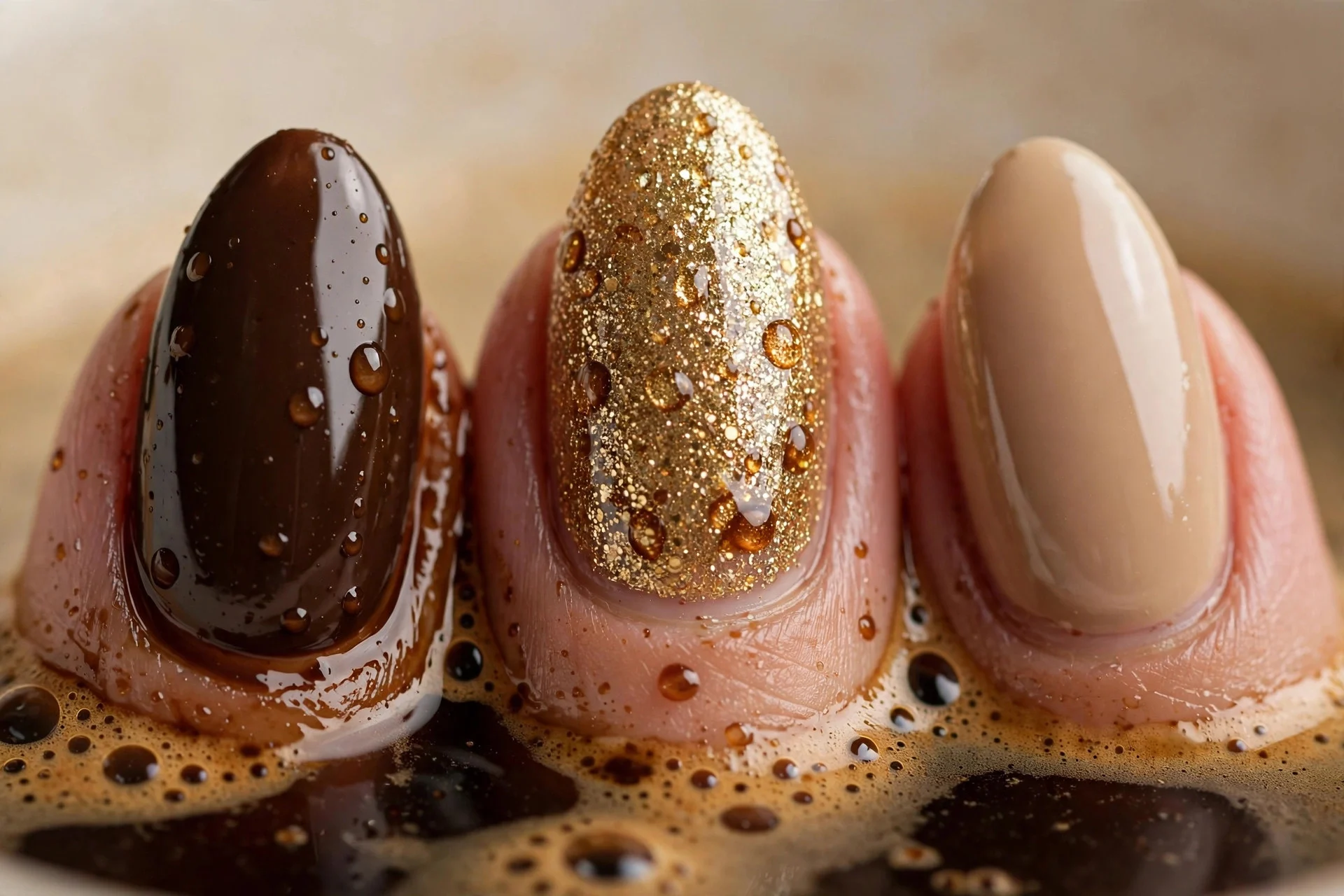 Almond nails in espresso with one gold glitter accent nail, glossy, beige background