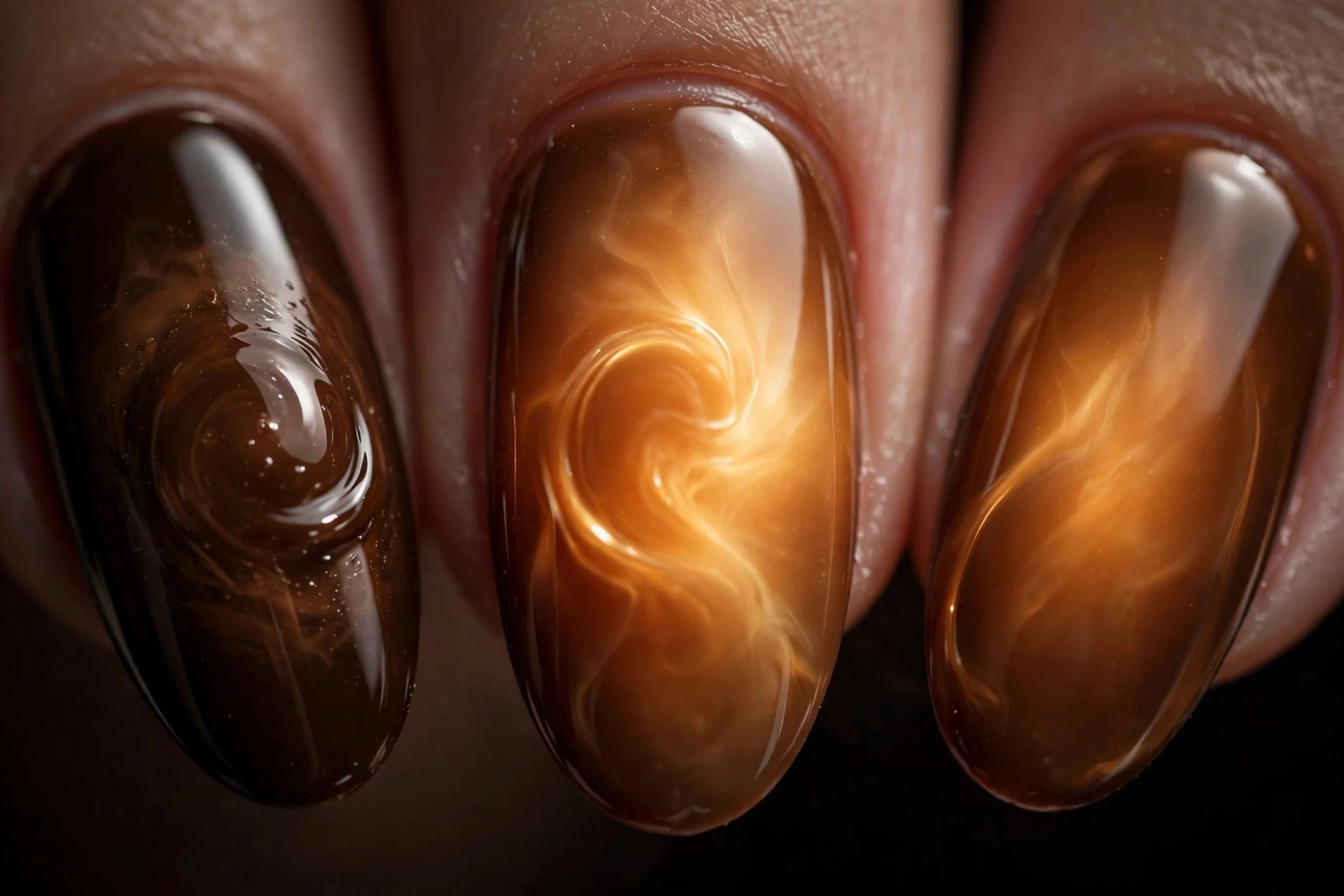 Almond nails with espresso aura, caramel glow blooming from center, glossy, dark background