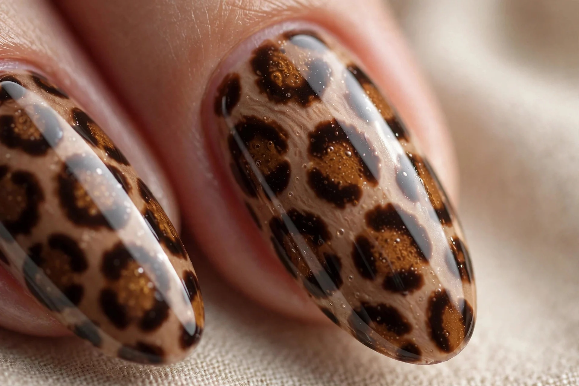 Almond nails with leopard print in espresso, mocha and caramel, glossy, beige background