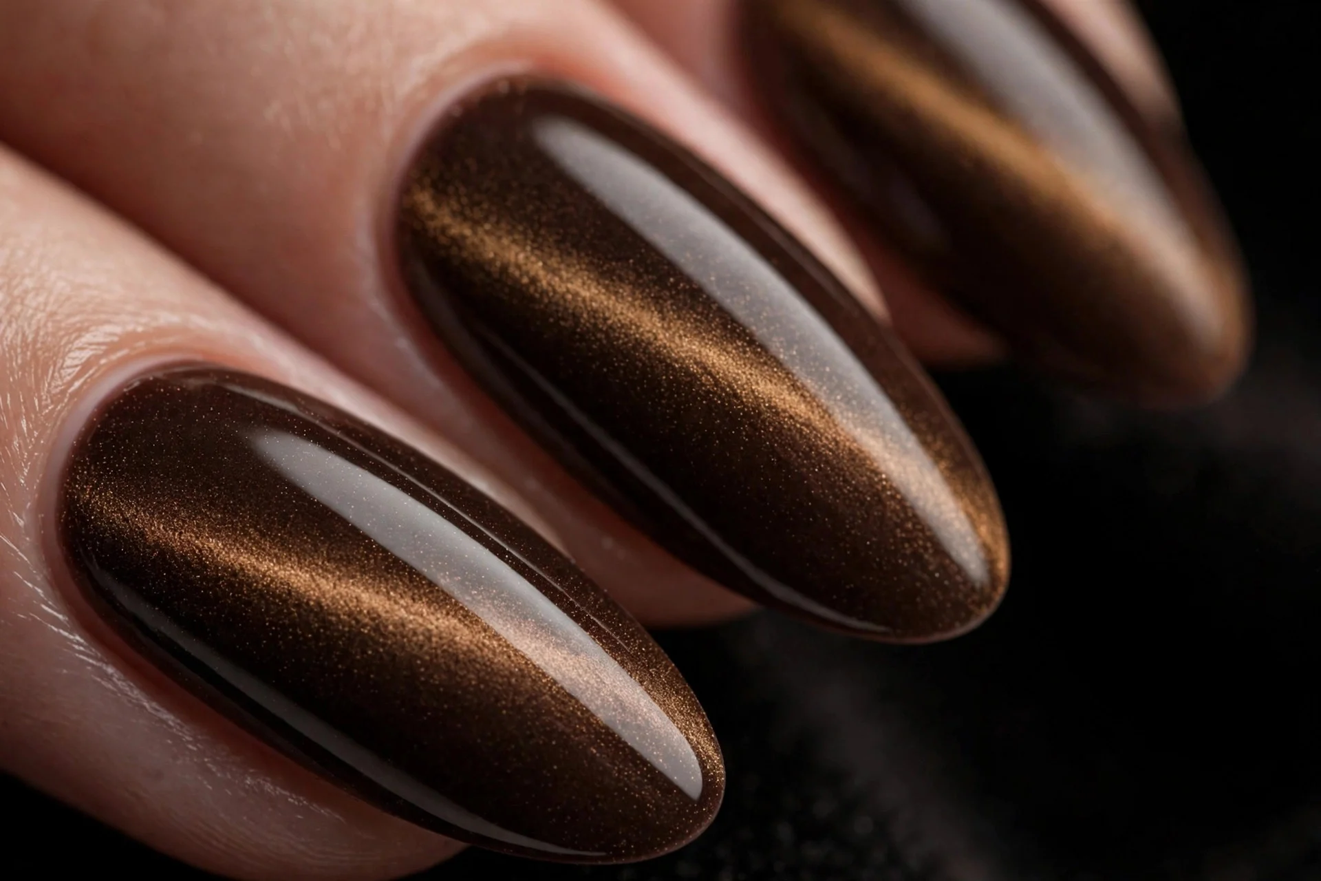 Almond nails with espresso magnetic cat-eye velvet effect, glossy, dark background