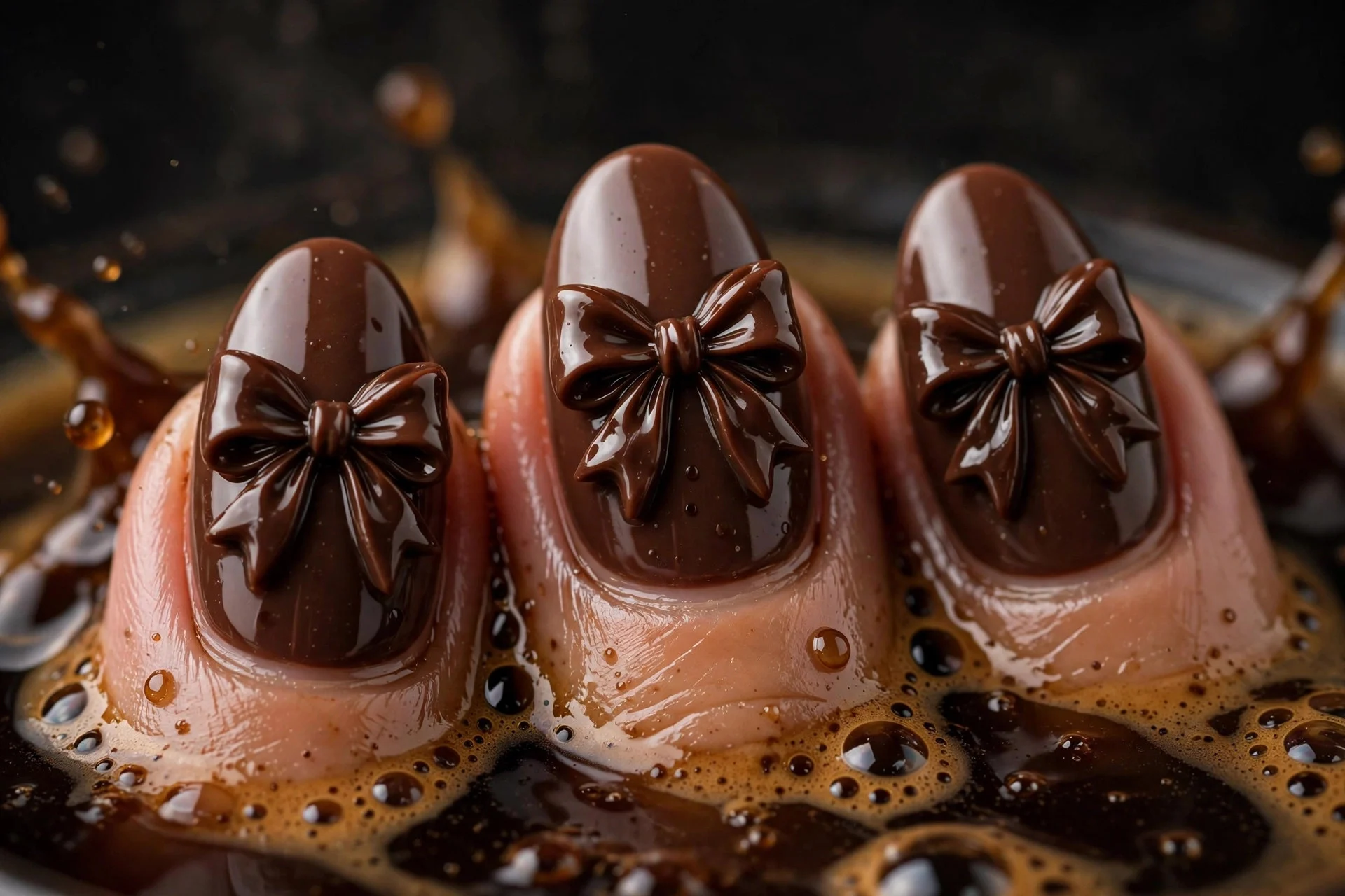 Almond nails in espresso with 3D sculpted bows, glossy, dark background