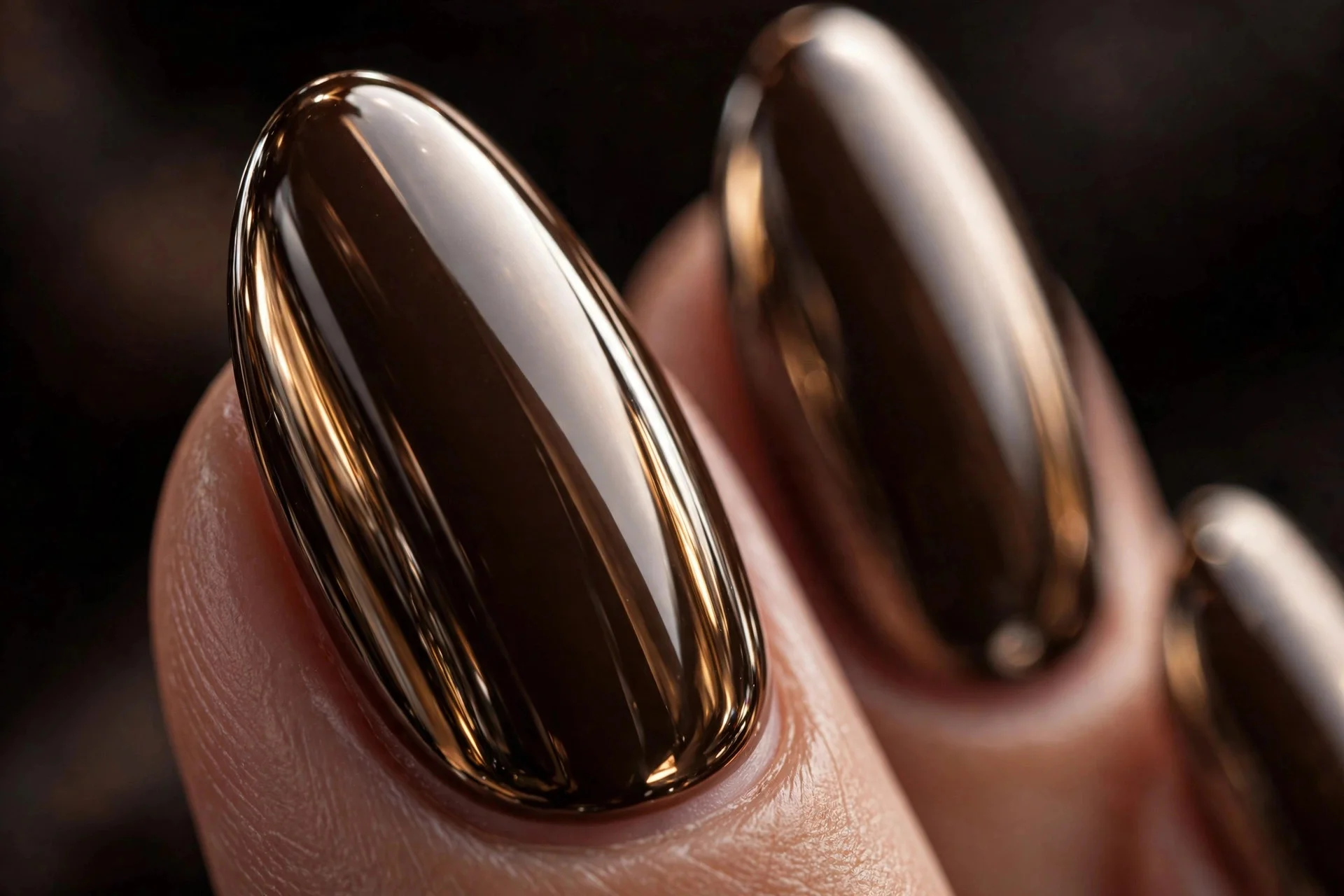 Almond nails with full espresso glazed donut chrome finish, luminous, dark background