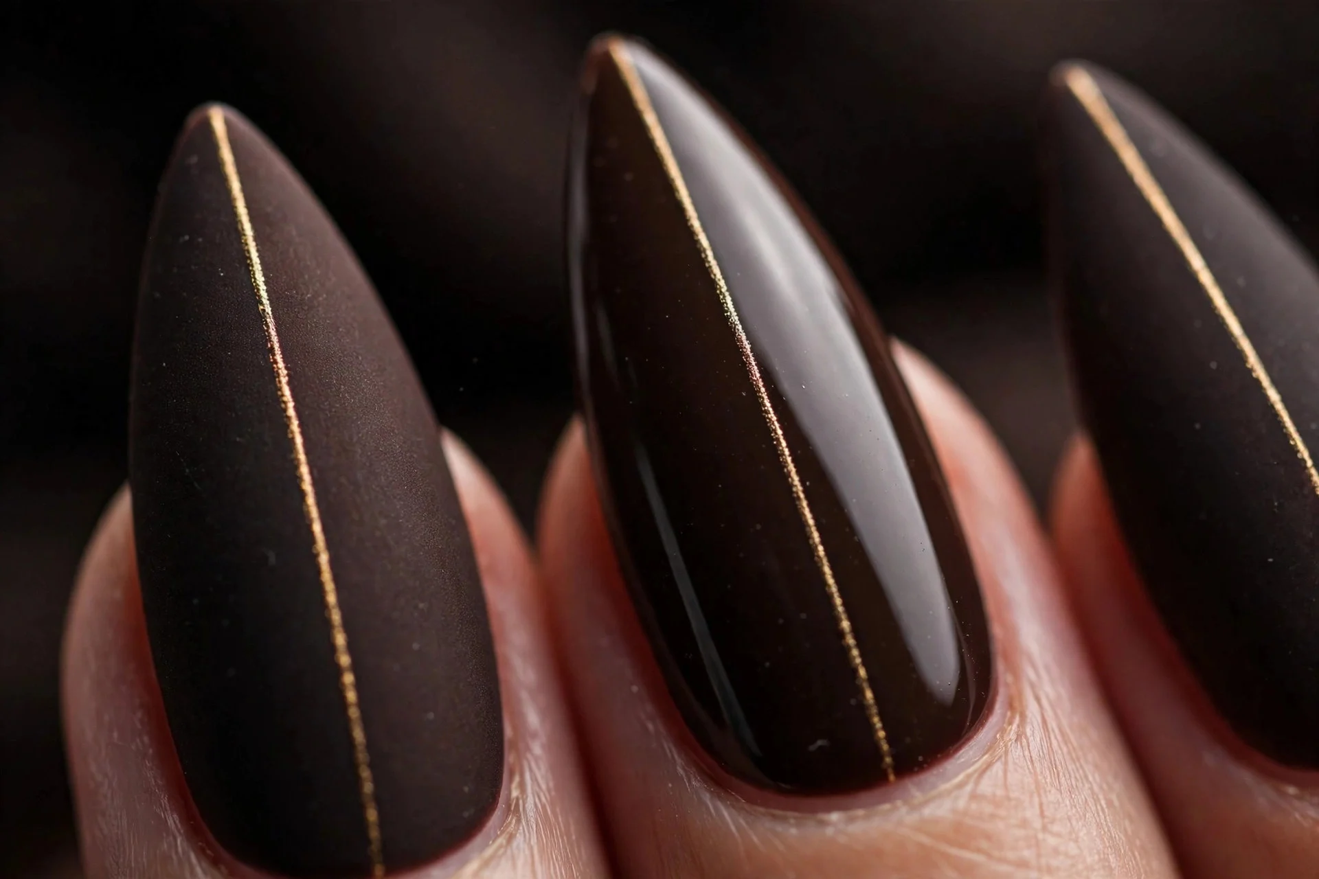 Stiletto nails in deep espresso with mixed matte and gloss finishes, gold line accent, dark background