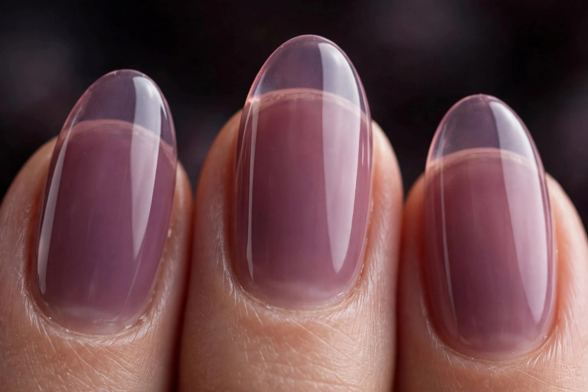 Almond nails in sheer plum jelly polish, soft dark background