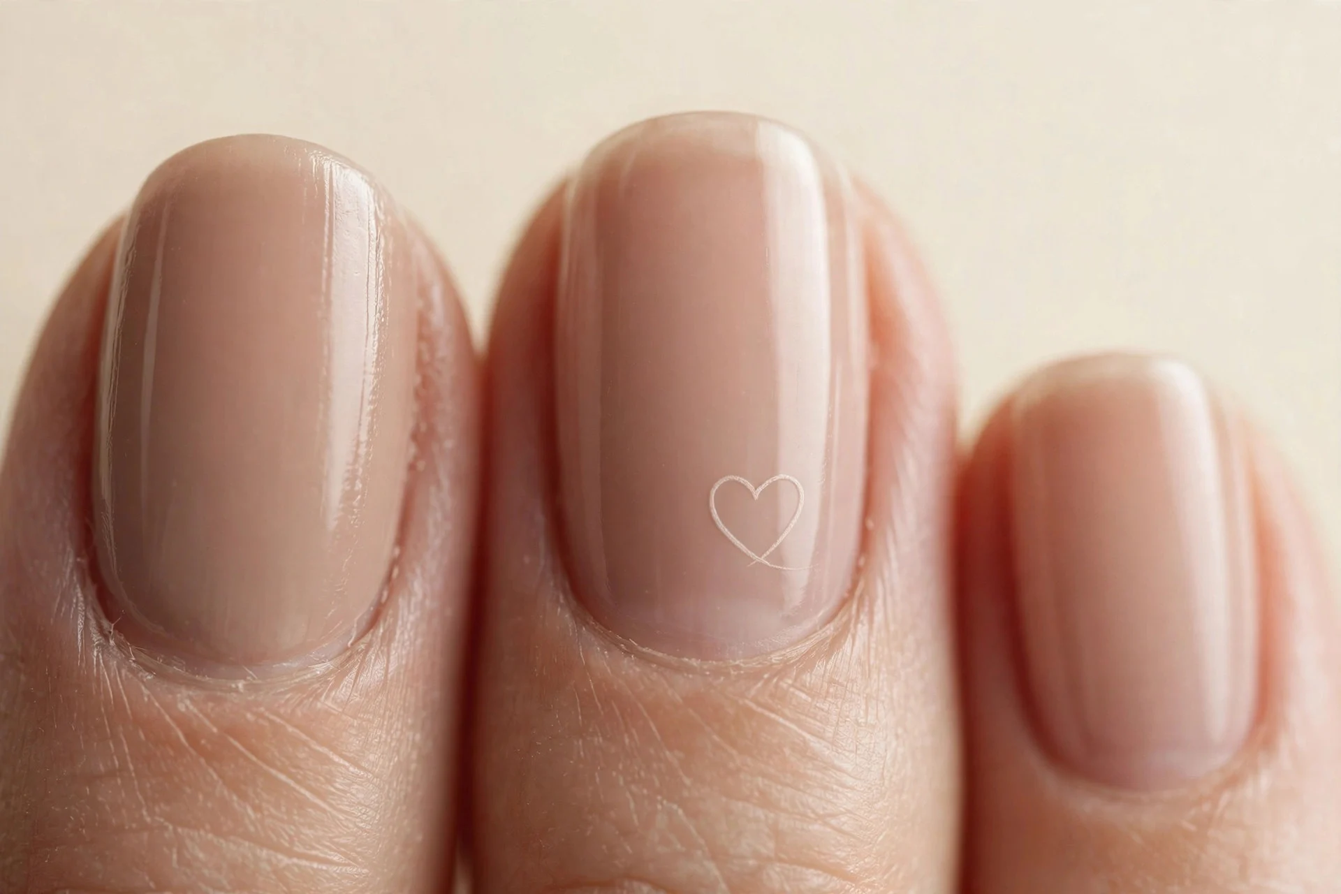 Nude nails with tiny heart outline art on ring fingers, cream background