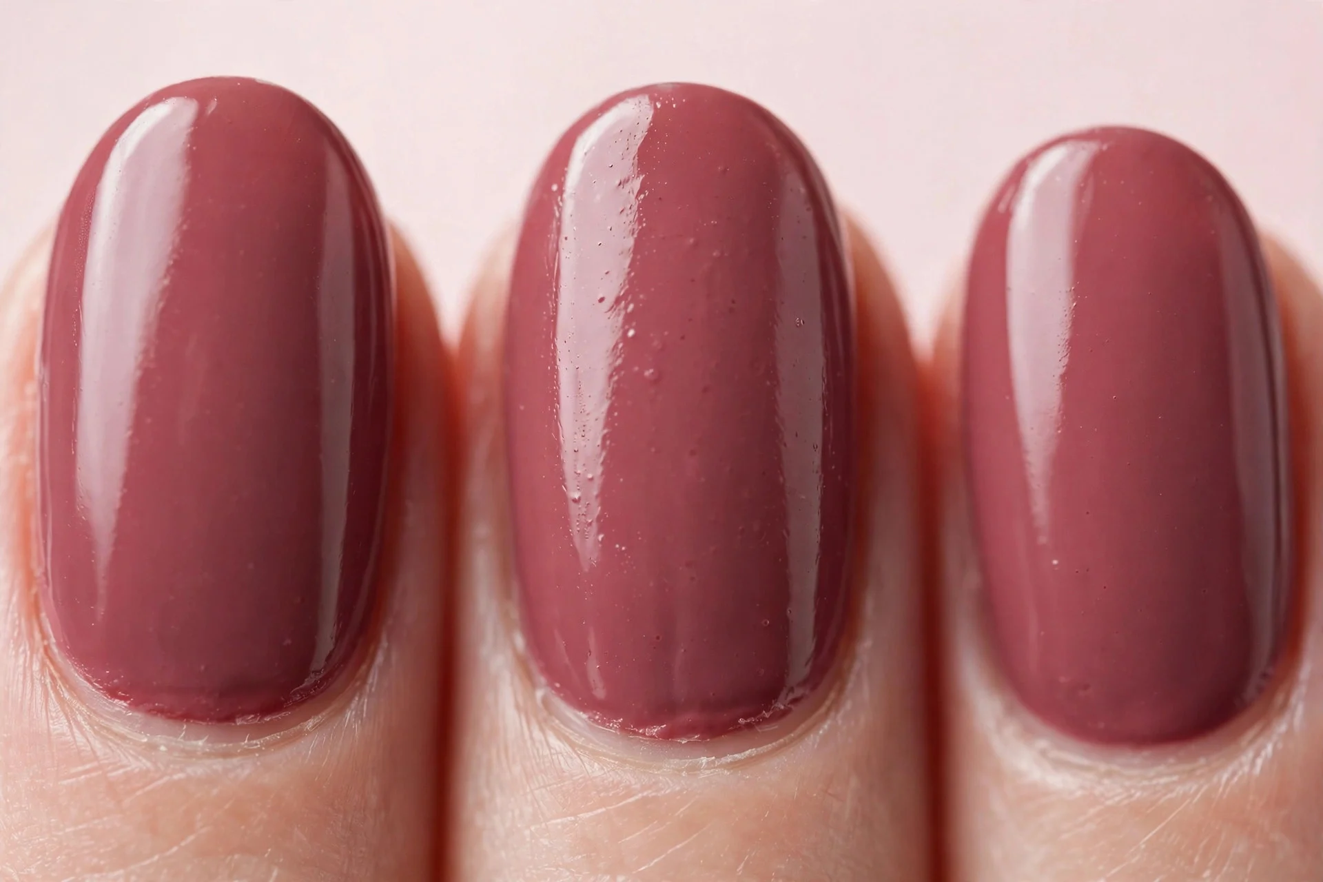Oval nails in deep dusty-rose cr&egrave;me gel, pale pink background
