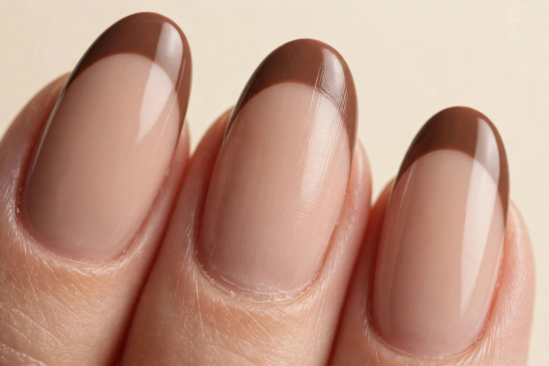 Almond nails with nude base and chocolate-brown French tips, cream background