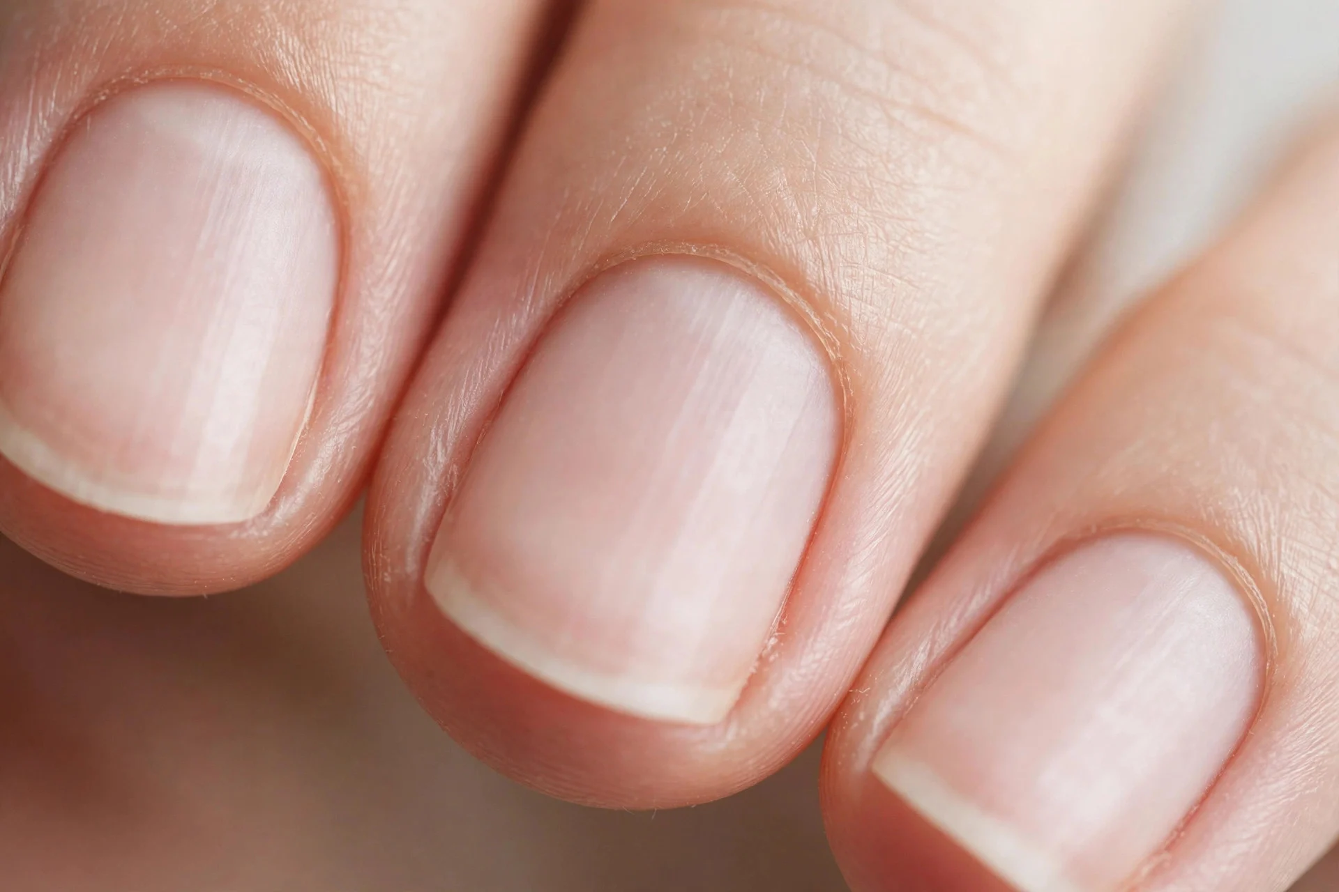 Close-up of healthy groomed cuticles on natural nails, soft background