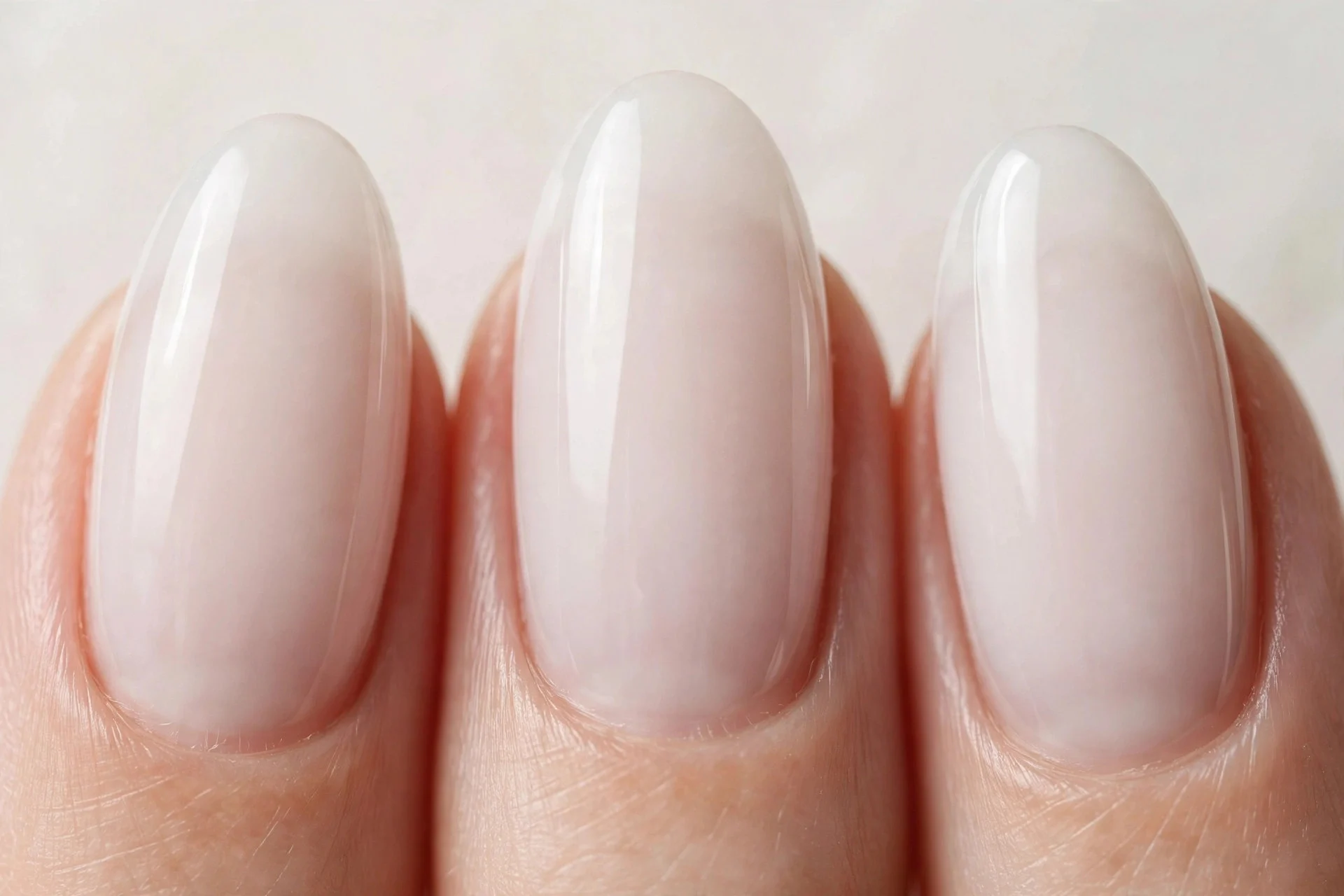 Almond nails with milky builder gel overlay, pale background