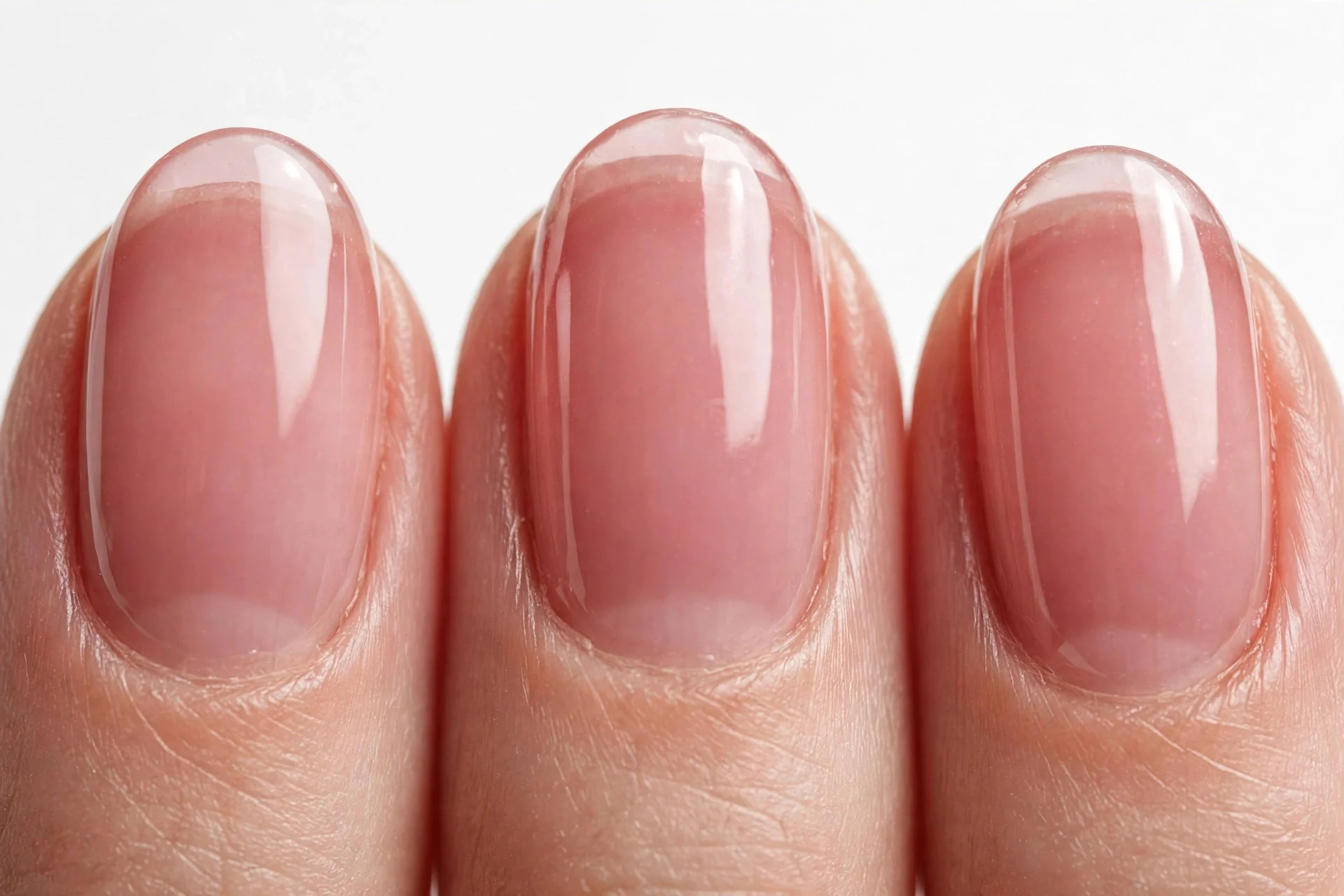 Oval nails with sheer rose jelly polish, white background
