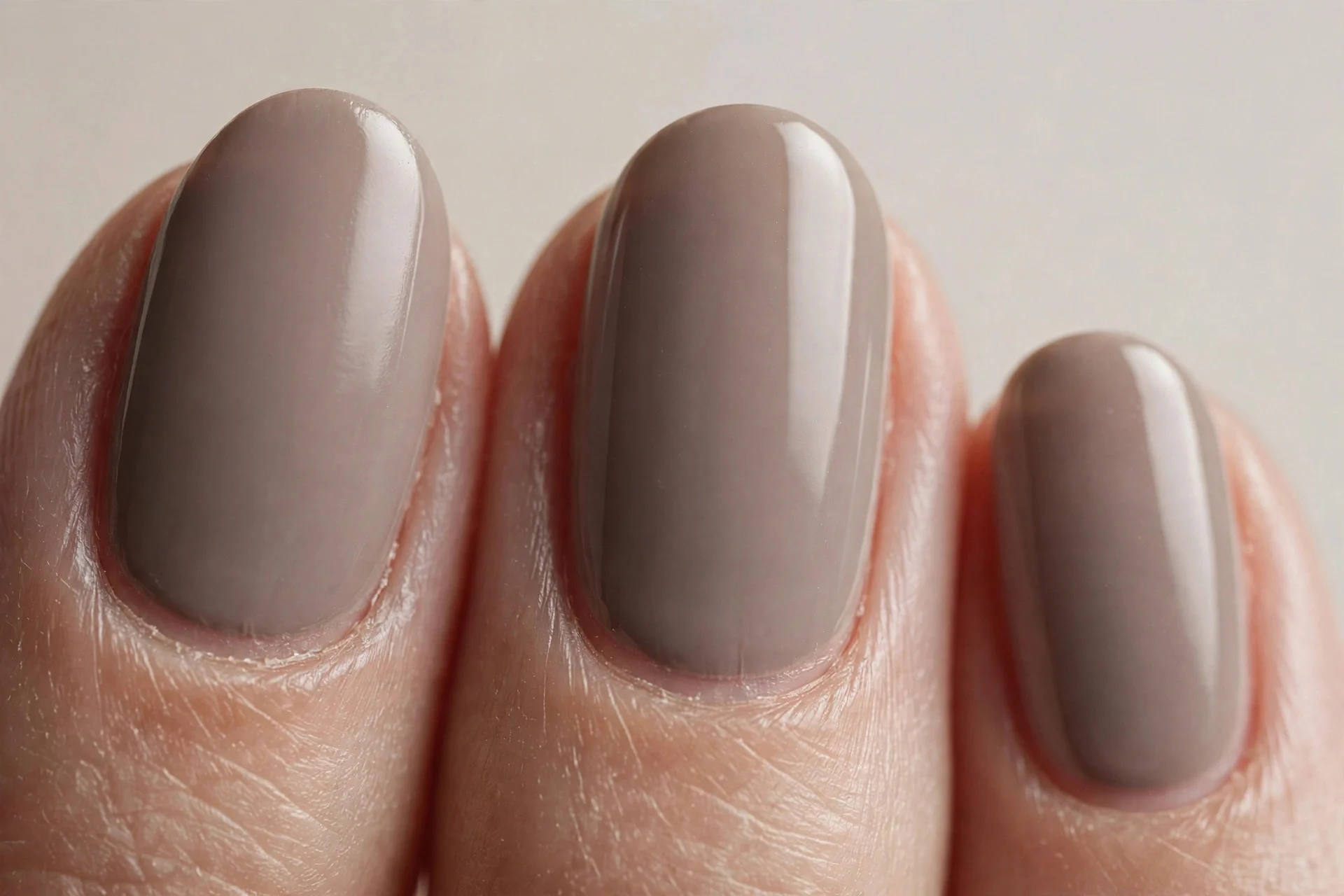 Short almond nails in soft taupe gel, neutral background