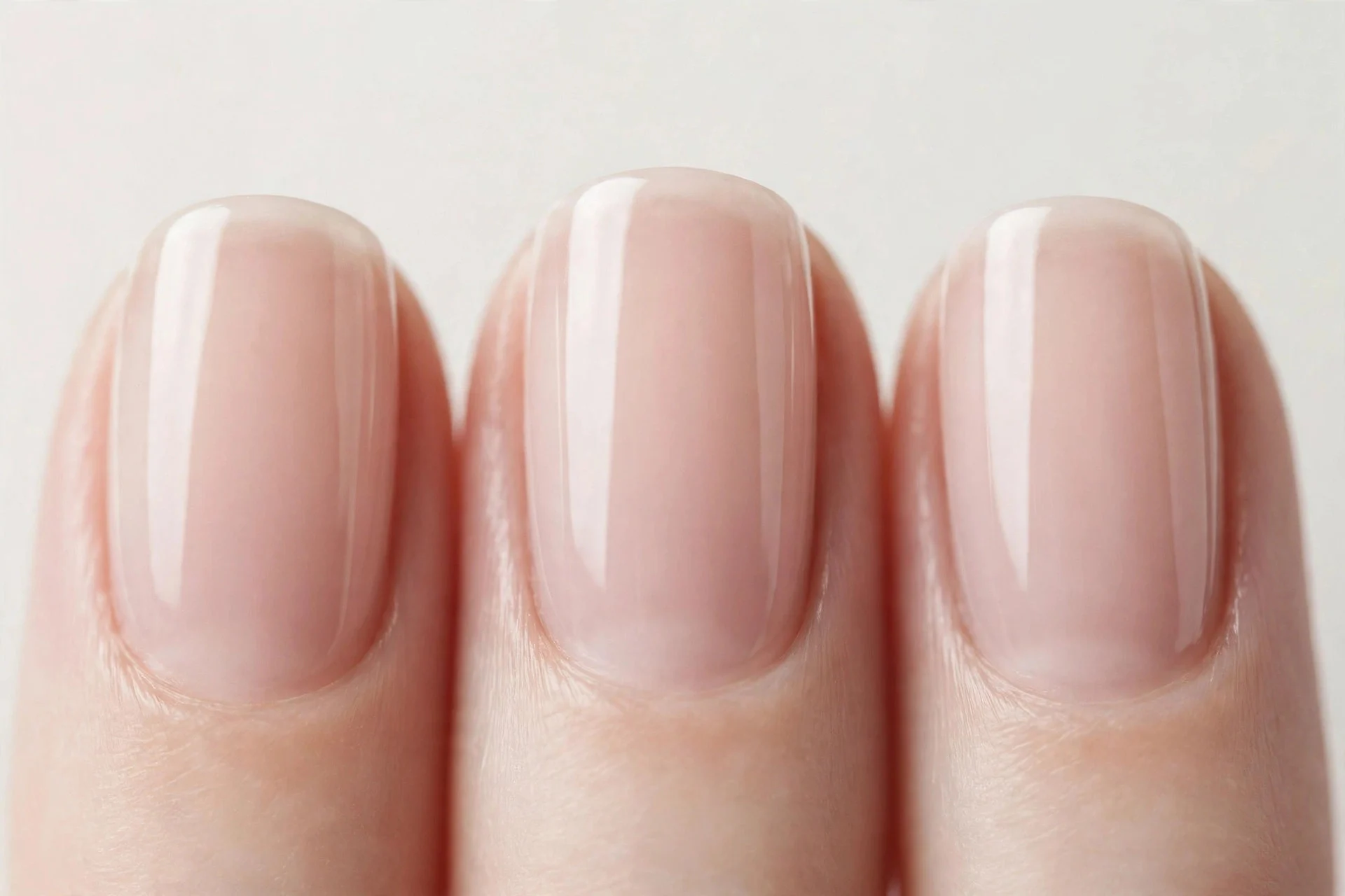 Short squoval nails with sheer nude gel, pale background
