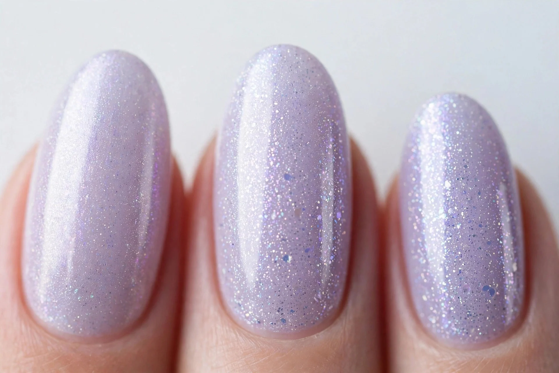 Almond nails in icy lavender shimmer gel, pale background