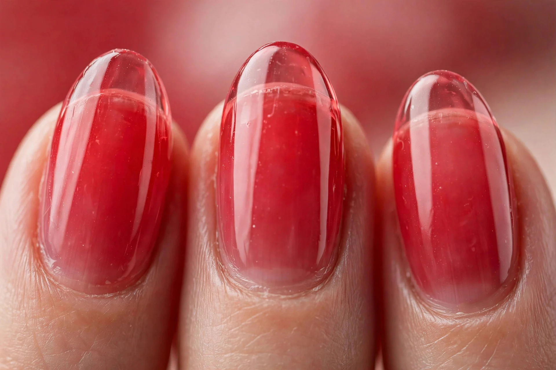 Almond nails in sheer red jelly polish, soft red background