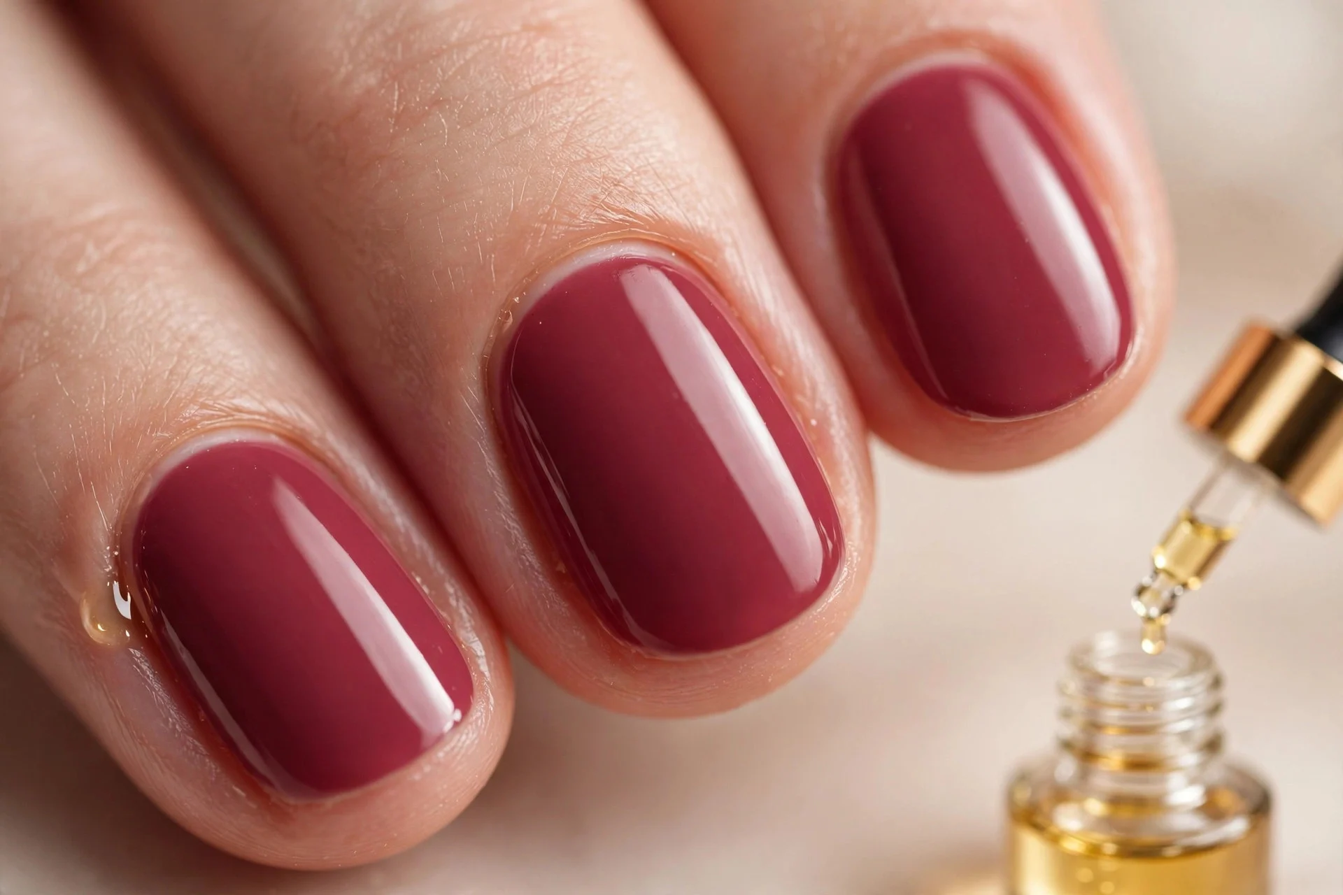 Short oval nails in deep rose polish with cuticle oil bottle nearby, soft background