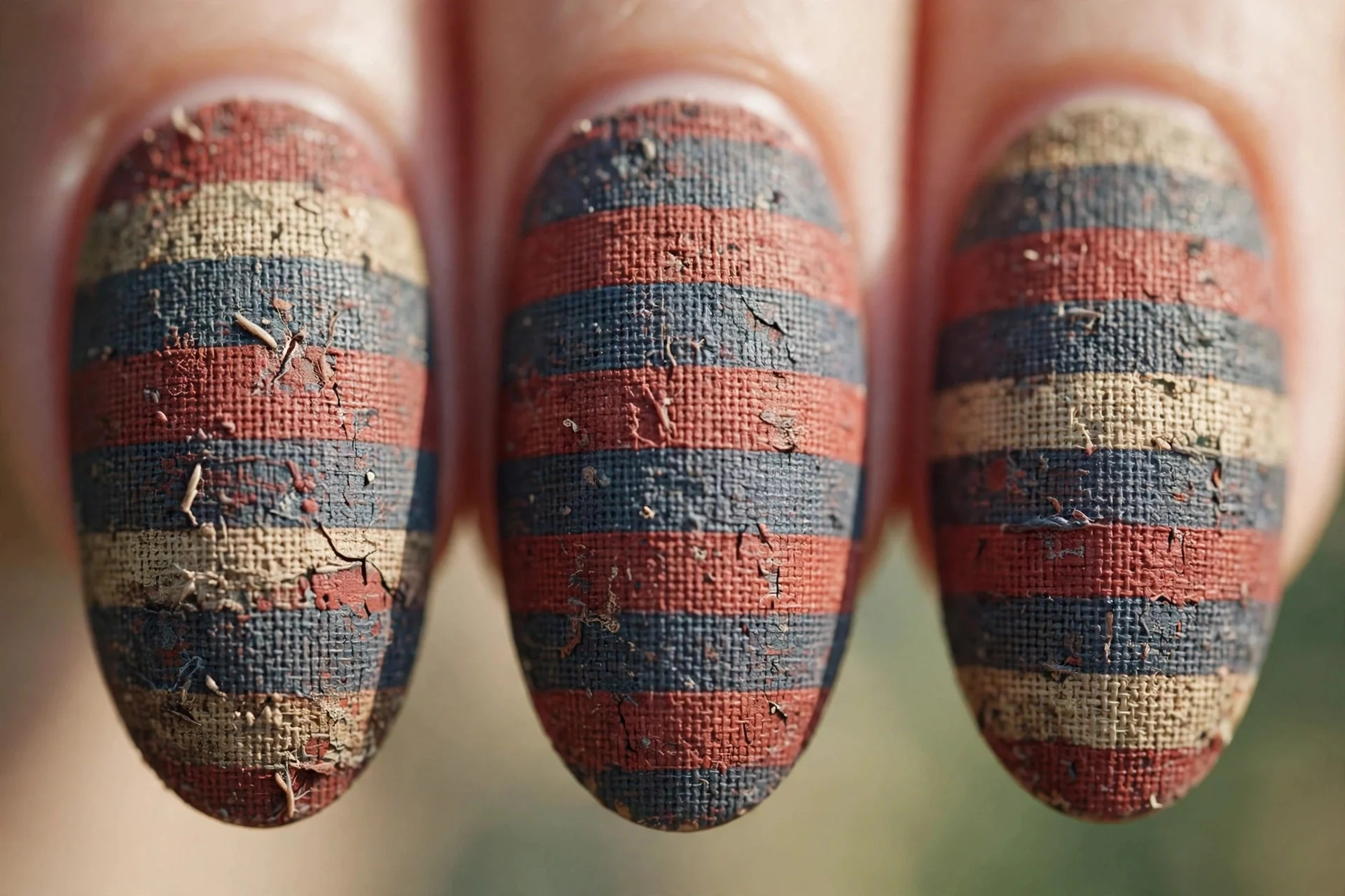 Hand-painted vintage flag with muted brick red and faded navy, almond nails