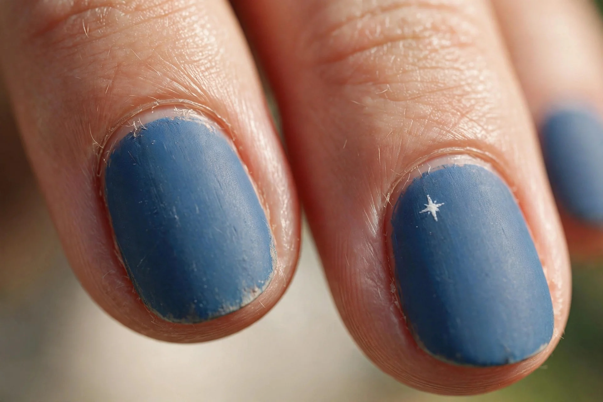 Worn denim blue polish with matte finish, single star accent, oval nails