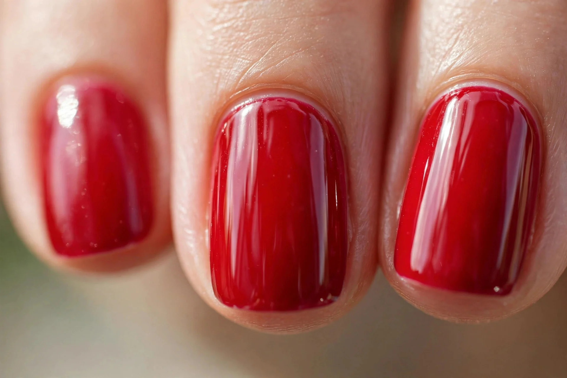 High-gloss cherry red polish, short almond nails