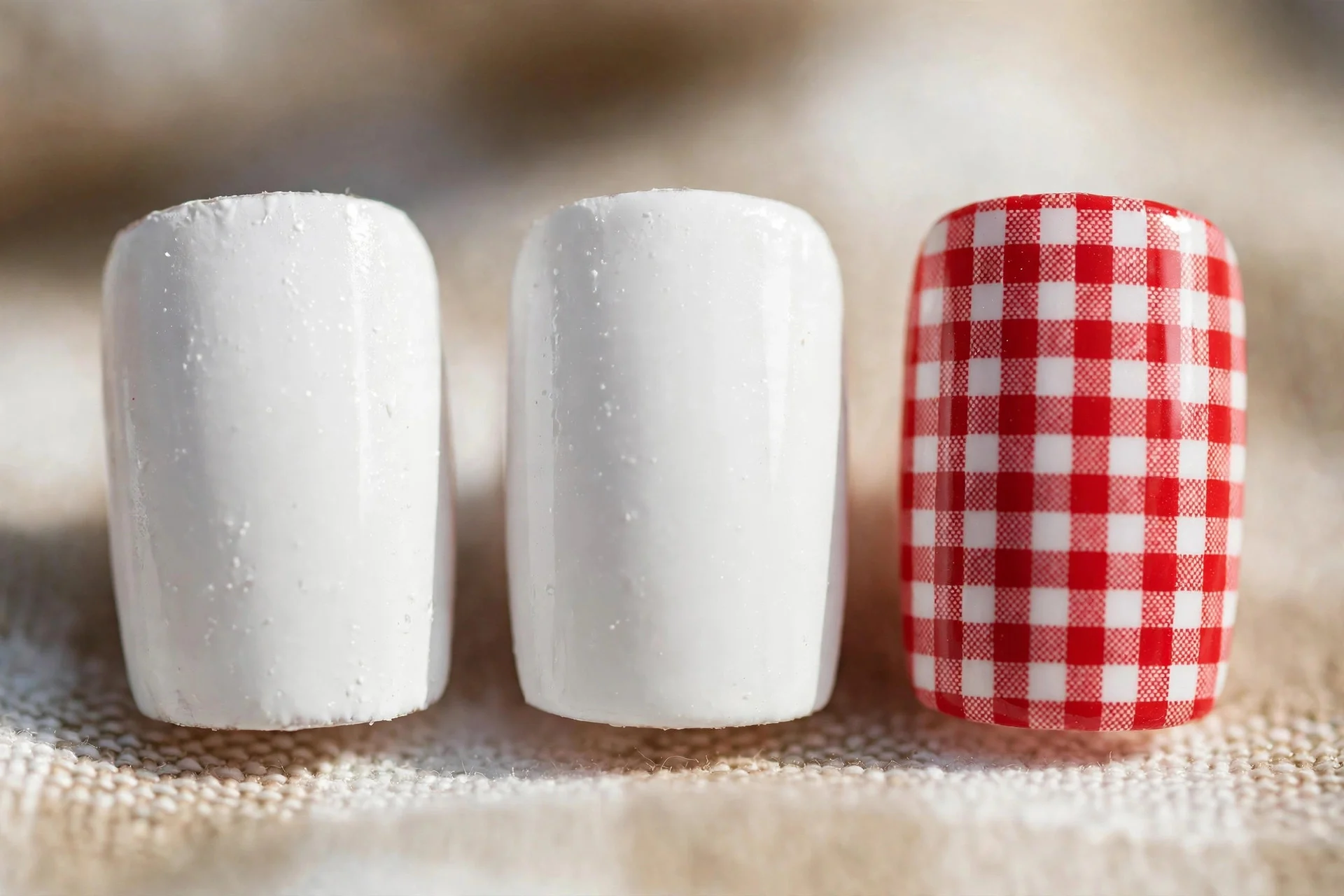 White nails with red gingham check accent nails, square