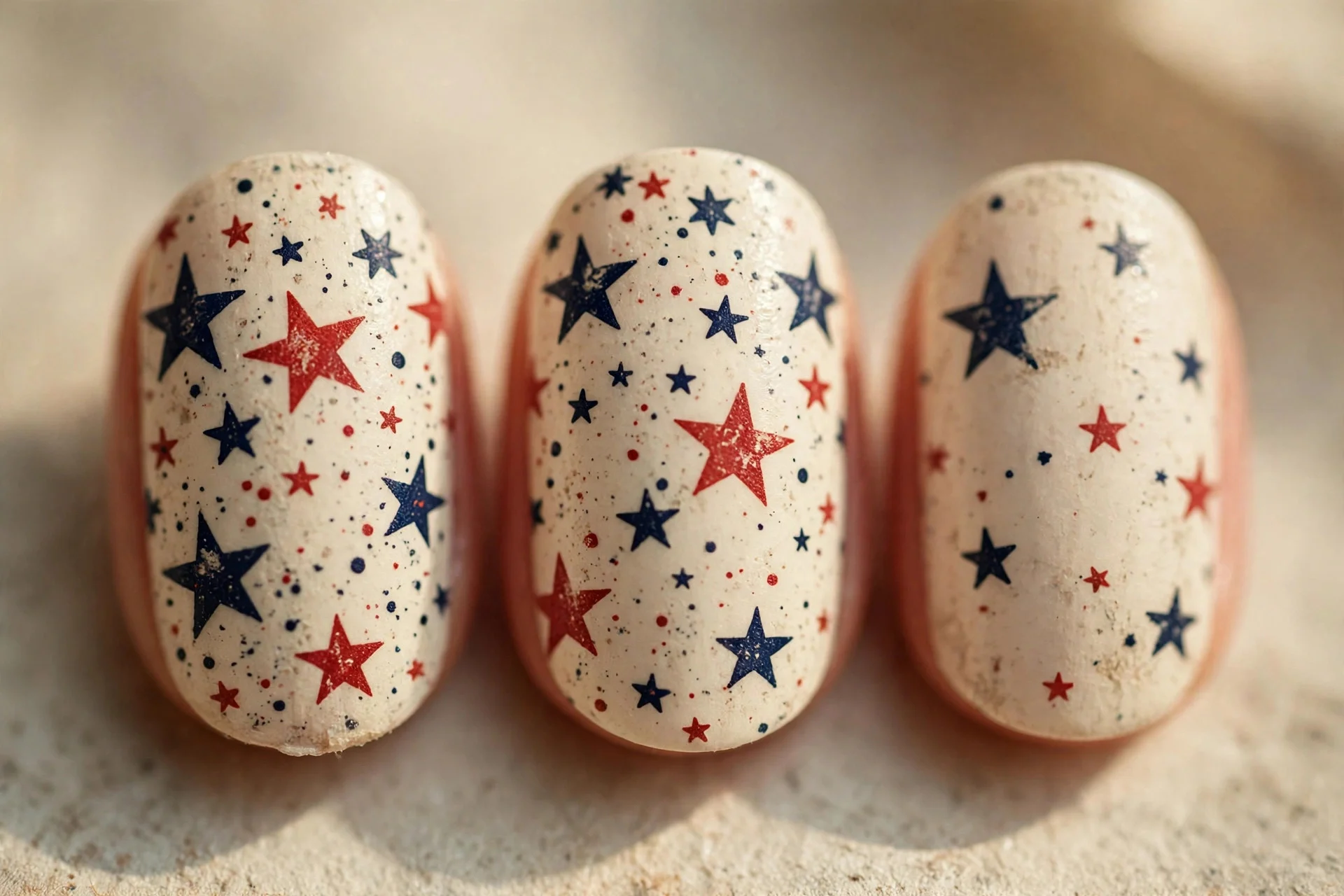 Cream nails with scattered red and navy retro stars, oval