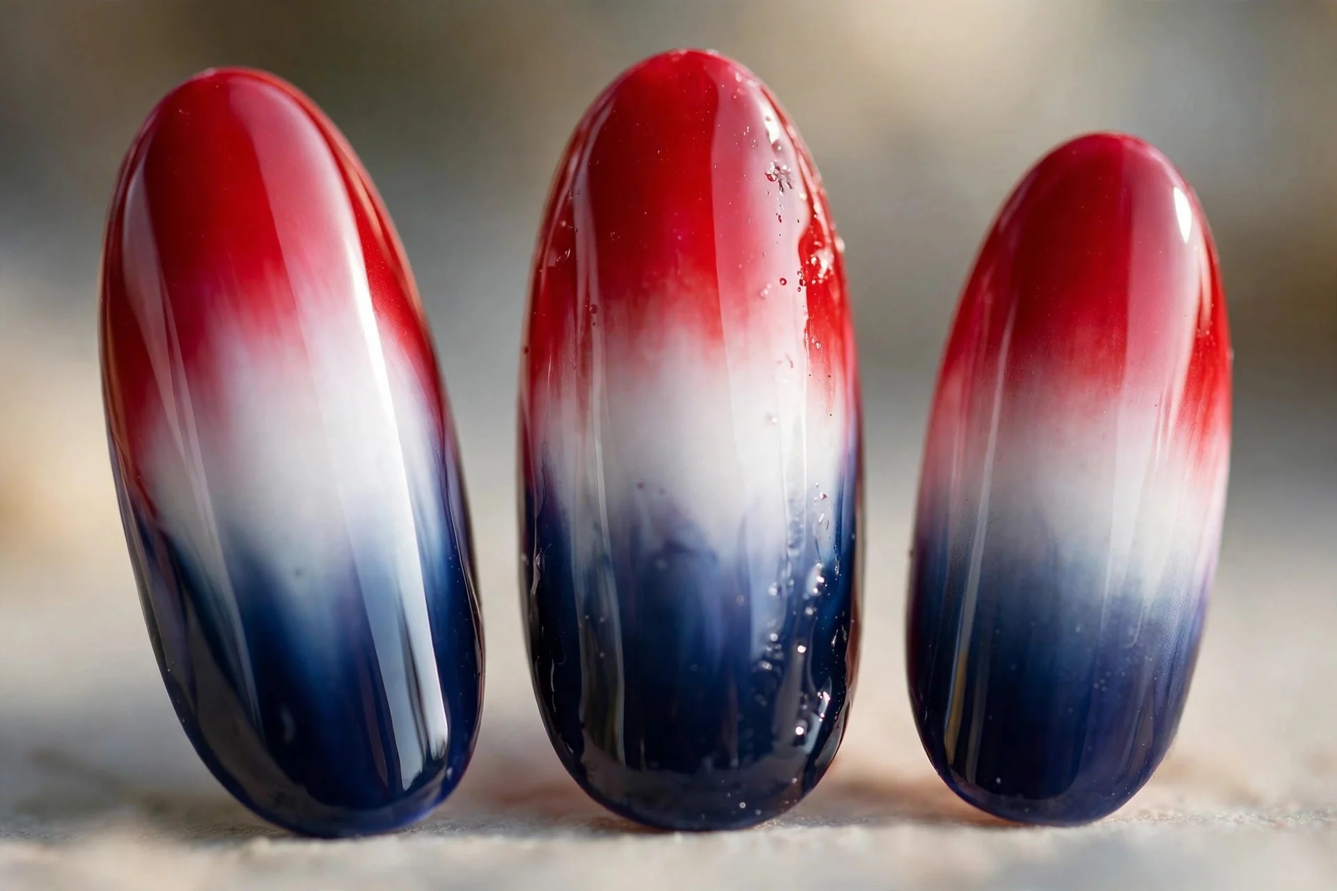 Red to white to navy vertical ombré, long almond nails