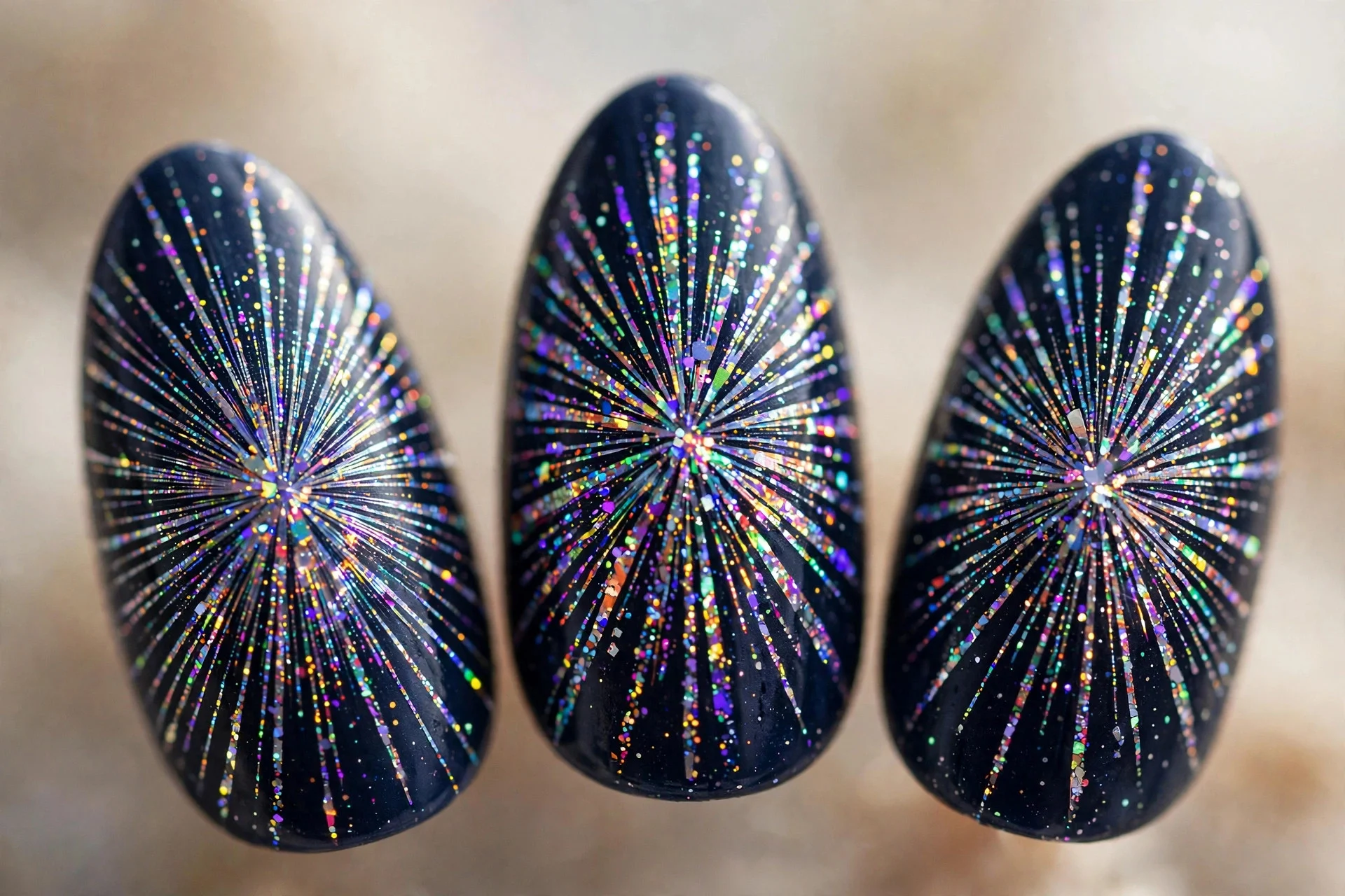 Midnight navy nails with holographic glitter firework bursts, almond