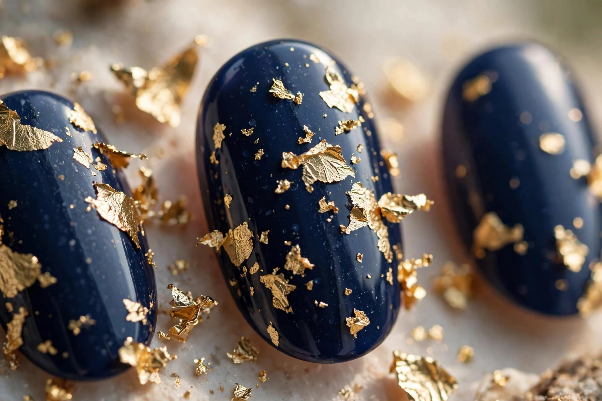Deep navy nails with scattered gold foil sparks, oval nails