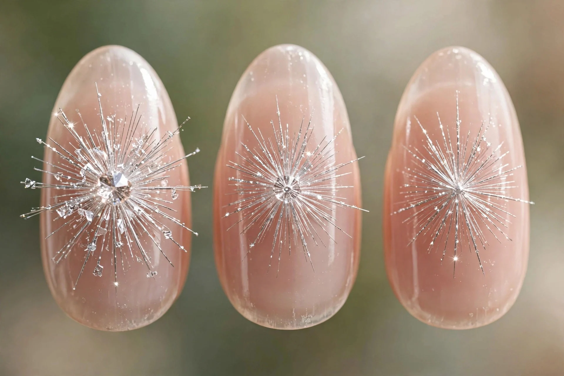 Nude nails with silver starburst rays and crystal centre accent, almond