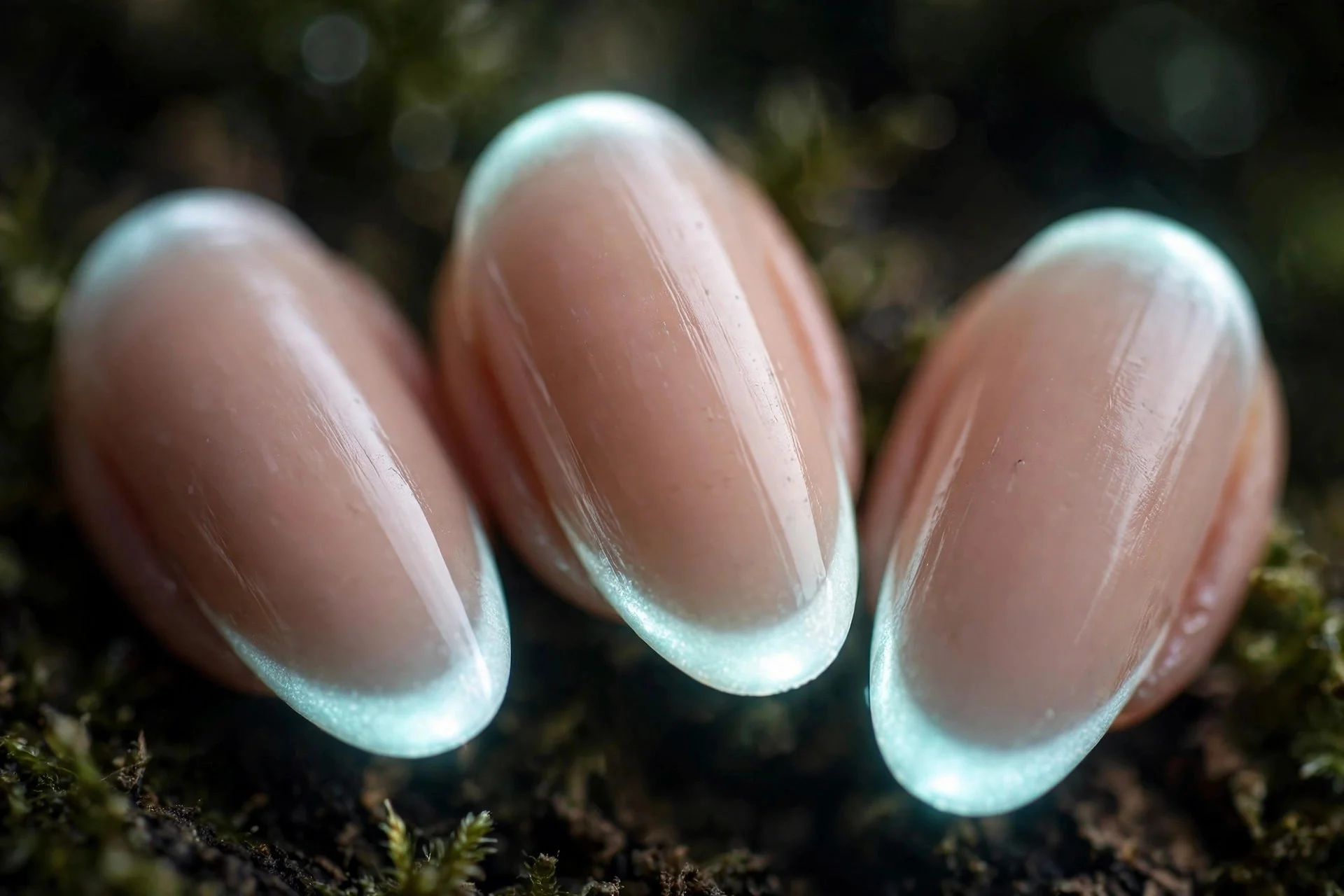 Nude nails with glowing white tips in the dark, almond