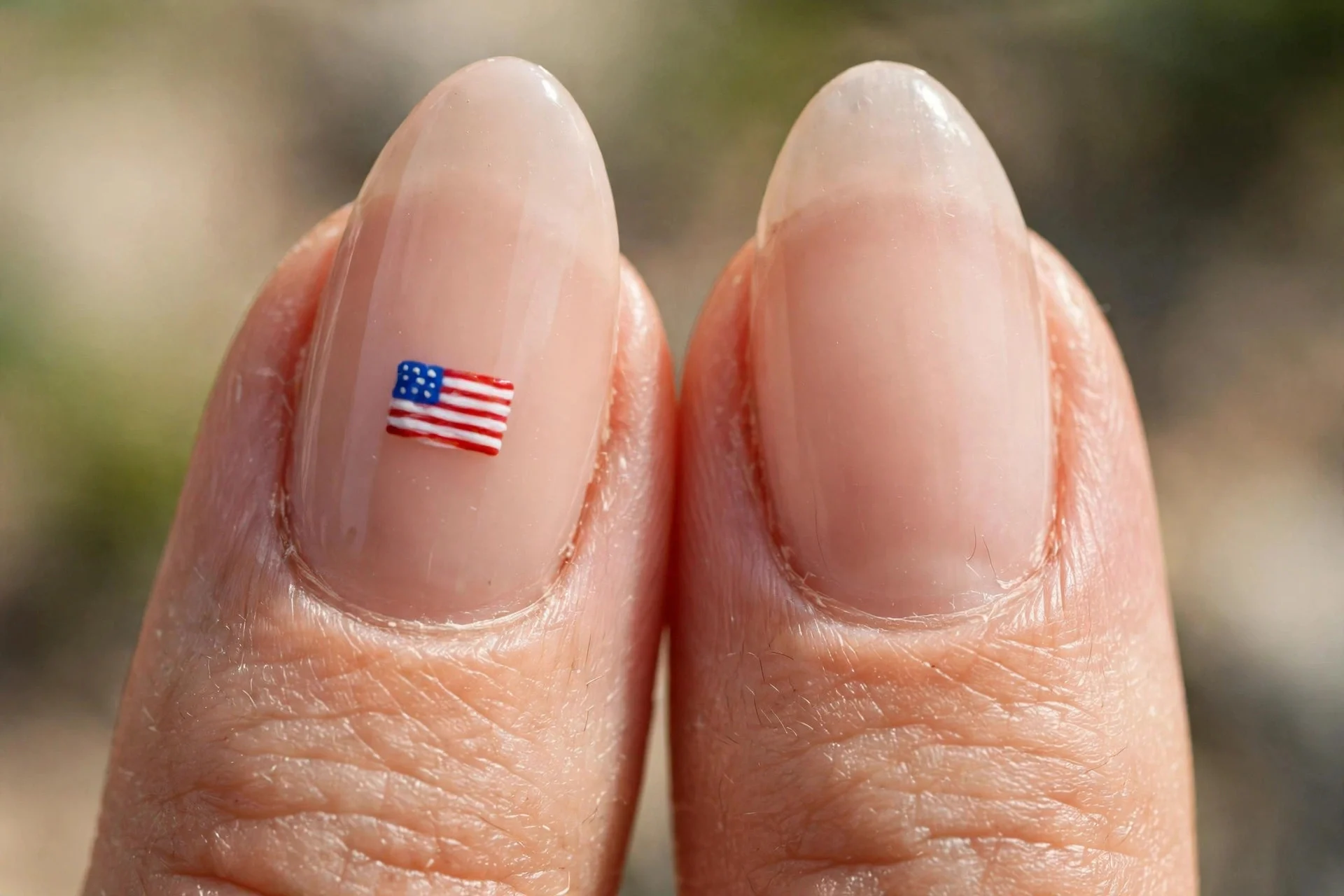 Sheer nude nails with one miniature flag accent nail, almond