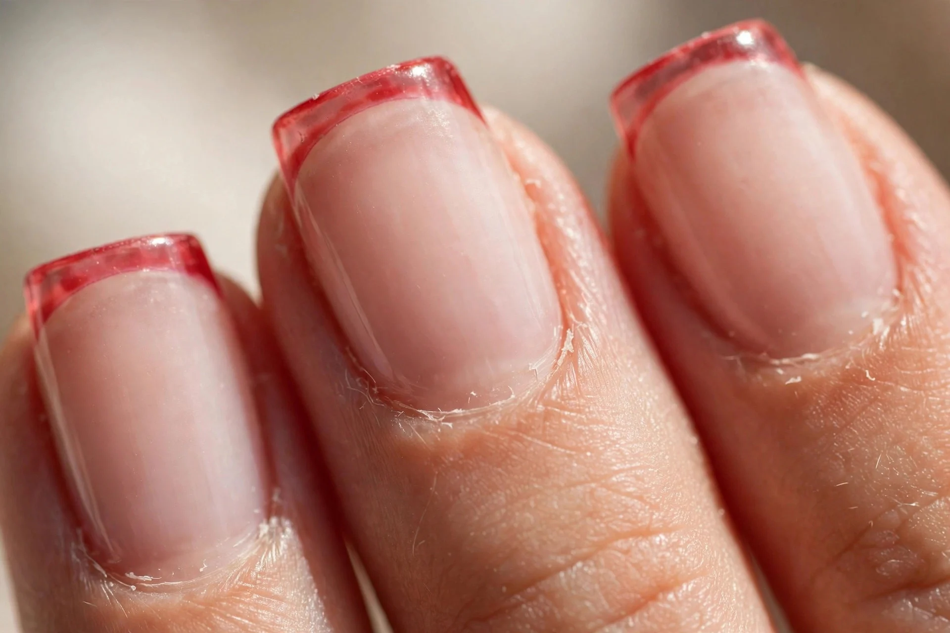 Sheer red French tips on milky base, square nails